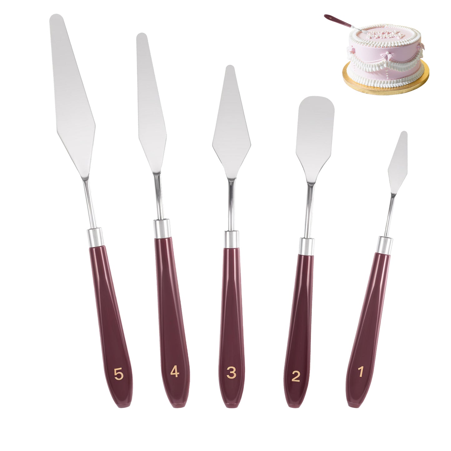TIESOME 5 Pcs Cake Spatula, Stainless Steel Icing Spatula with ABS Handle, 6.69-9.13 Inch Baking Decorating Tools for Cake, Fondant, Chocolate & Pastry (Set of 5 Different Sizes)