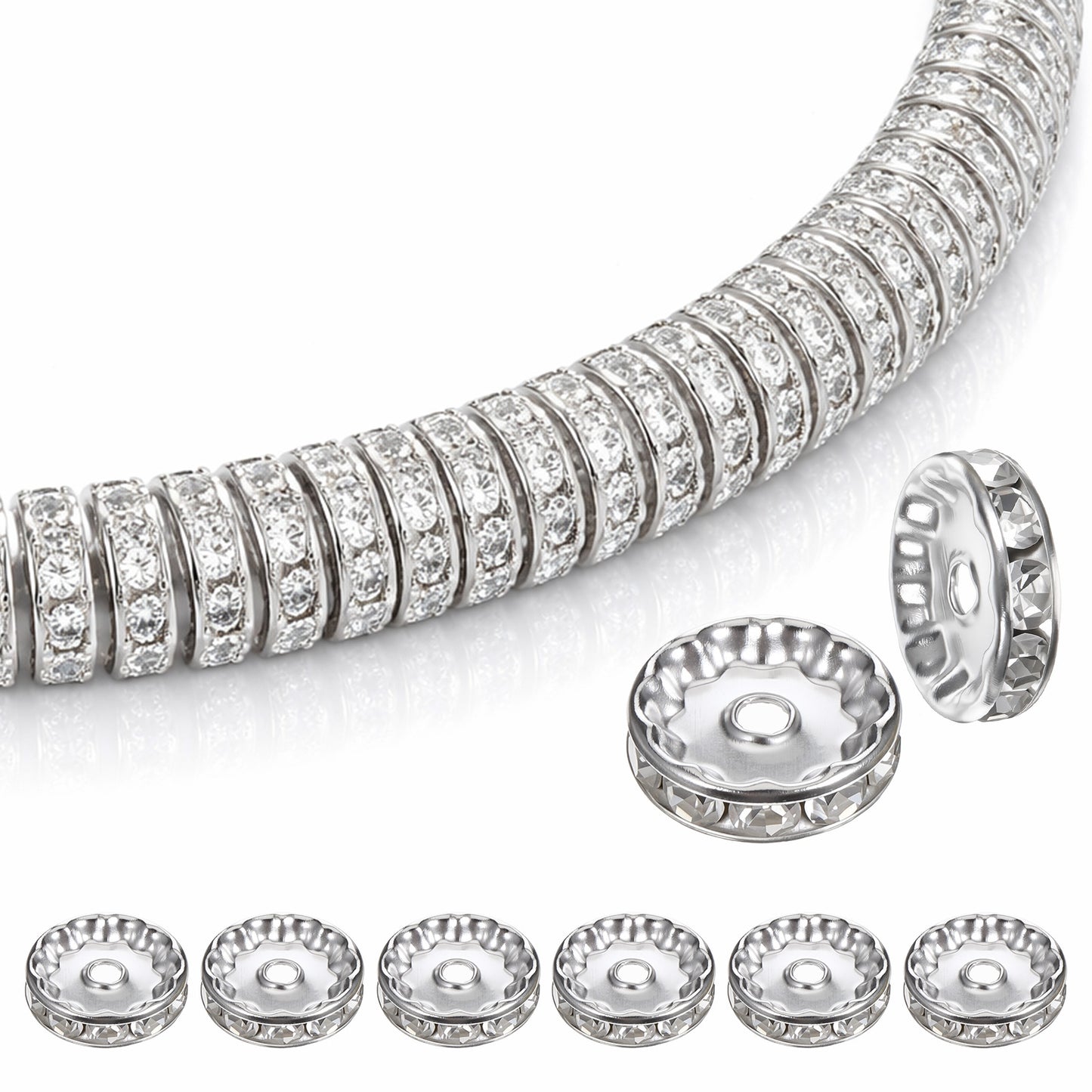 SULIKJHUI 150 Pcs Spacer Beads 12mm, Silver Spacer Beads for Bracelets, Jewelry Making, 2.5mm Hole & 3mm Height, Iron with Rhinestones (0.47 Inch Outer Diameter)