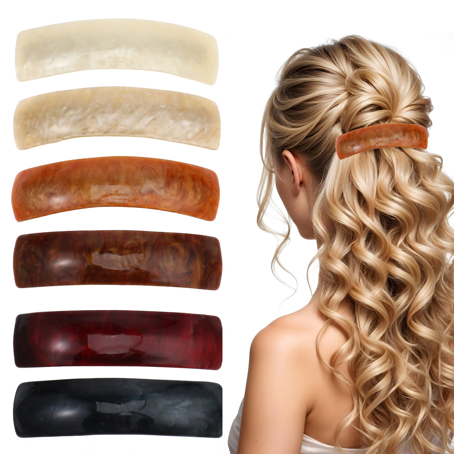 Molain 6 Pieces Barrettes for Women Hair Clips Hair Accessories Large French Hair Pin Retro Hair Clasp Wide Curved Celluloid Ponytail Holder Clamp Automatic Clasp Hairgrips, 6 Colors