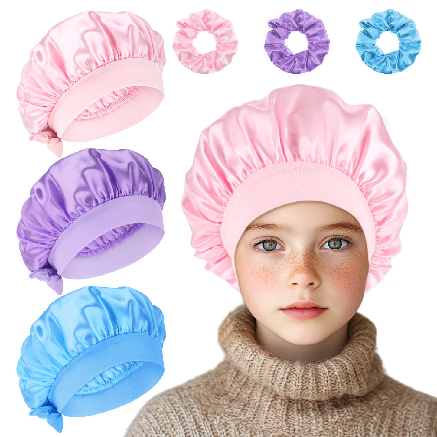 Giantree 3 Pcs Kids Satin Bonnet and 3 Pcs Hair Band, Adjustable Silk Hair Bonnet for Sleeping Satin Sleep Cap, Kids Bonnets Elastic Band Sleeping Cap for Girl Boys Toddler