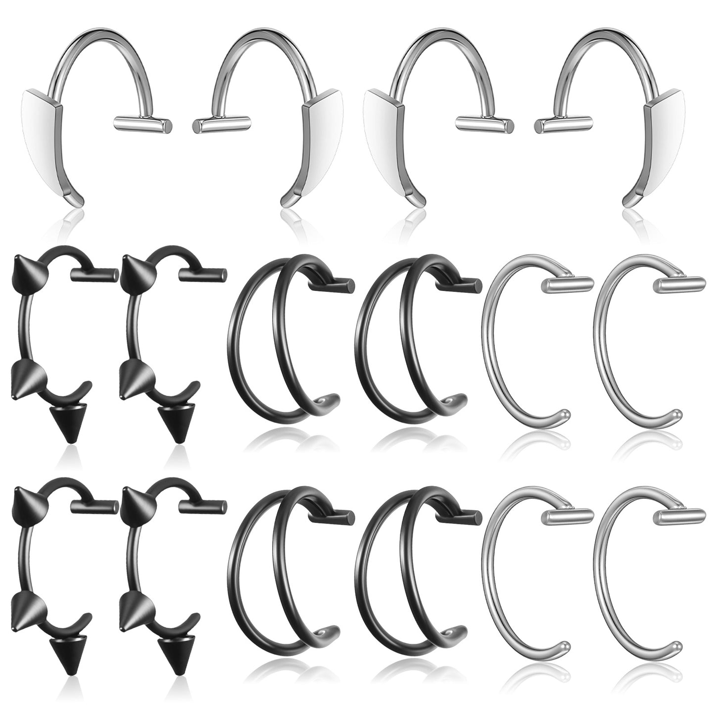 DOPENSPI 16PCS Fake Lip Piercing, 4 Styles Fake Lip Ring Stainless Steel Clip on Vampire Teeth Ring Fakes Snake Bite Non-Piercing Nose Rings Hoop for Women Men Halloween