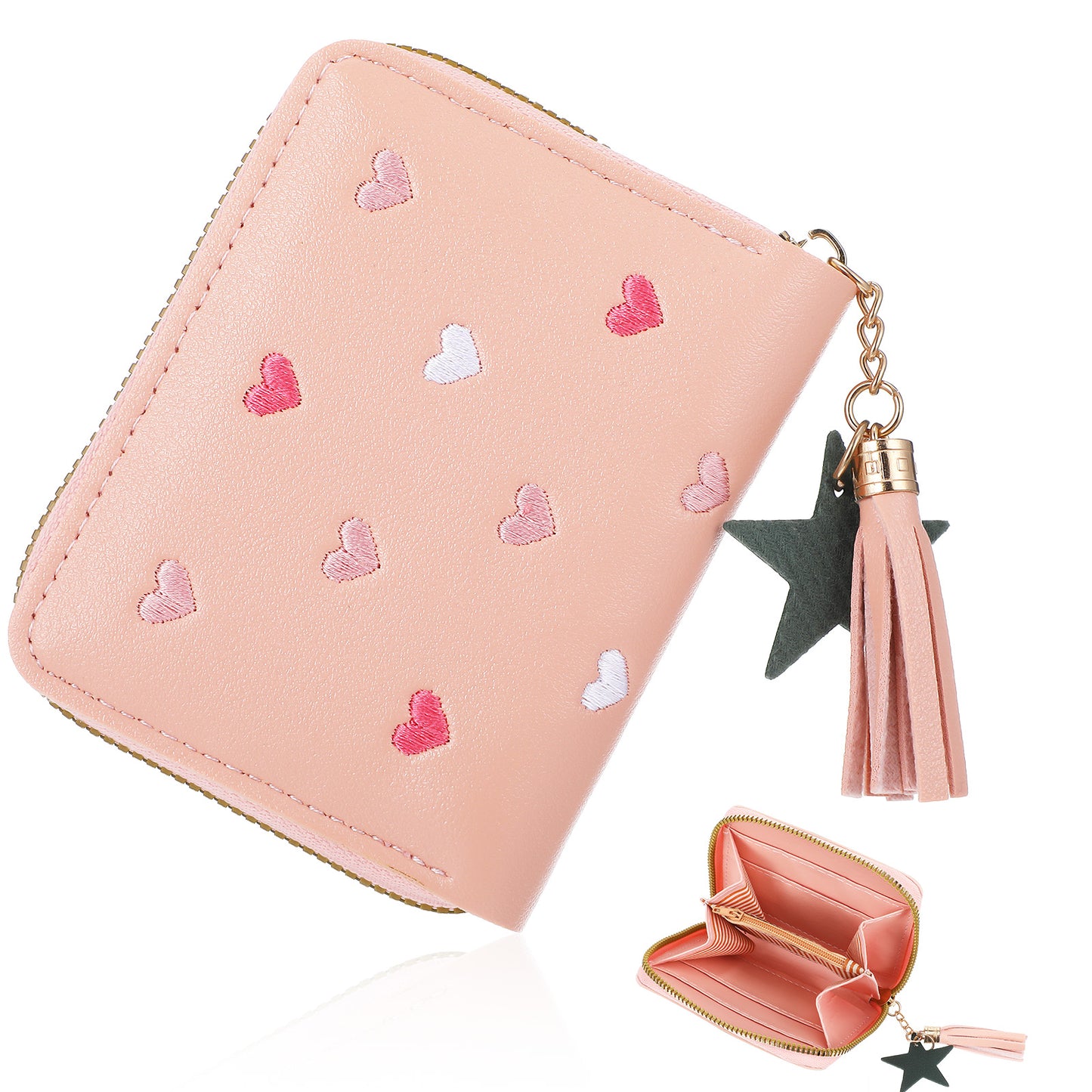 Yuanchu Cute Tassel Zipper Wallet, Small Star Pendant Purse PU Leather Coins Pocket Waterproof Lightweight Purse with Embroidery Hearts for Women Gift