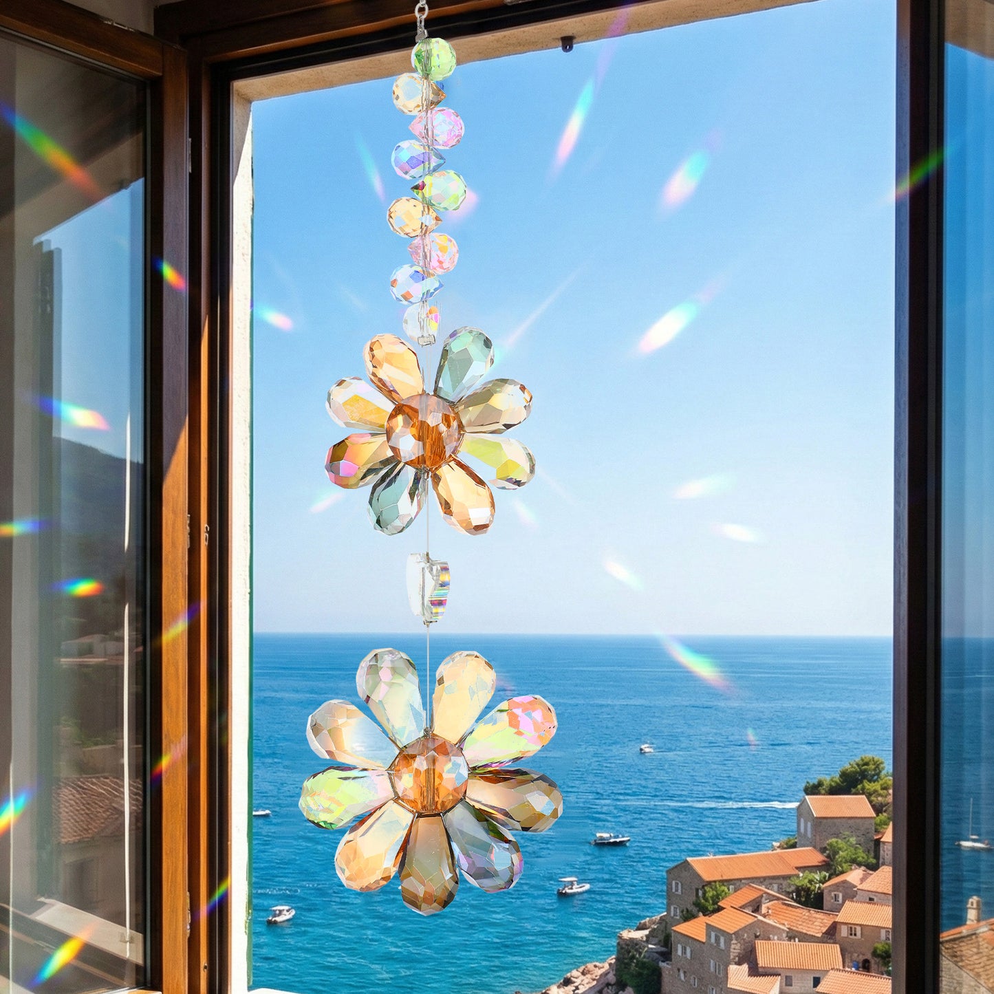DOPENSPI Crystal Suncatcher, Flower Prism Window Rainbow Maker Flower Suncatcher Hanging Ornament for Indoor Outdoor Home Garden Decor(Dark)