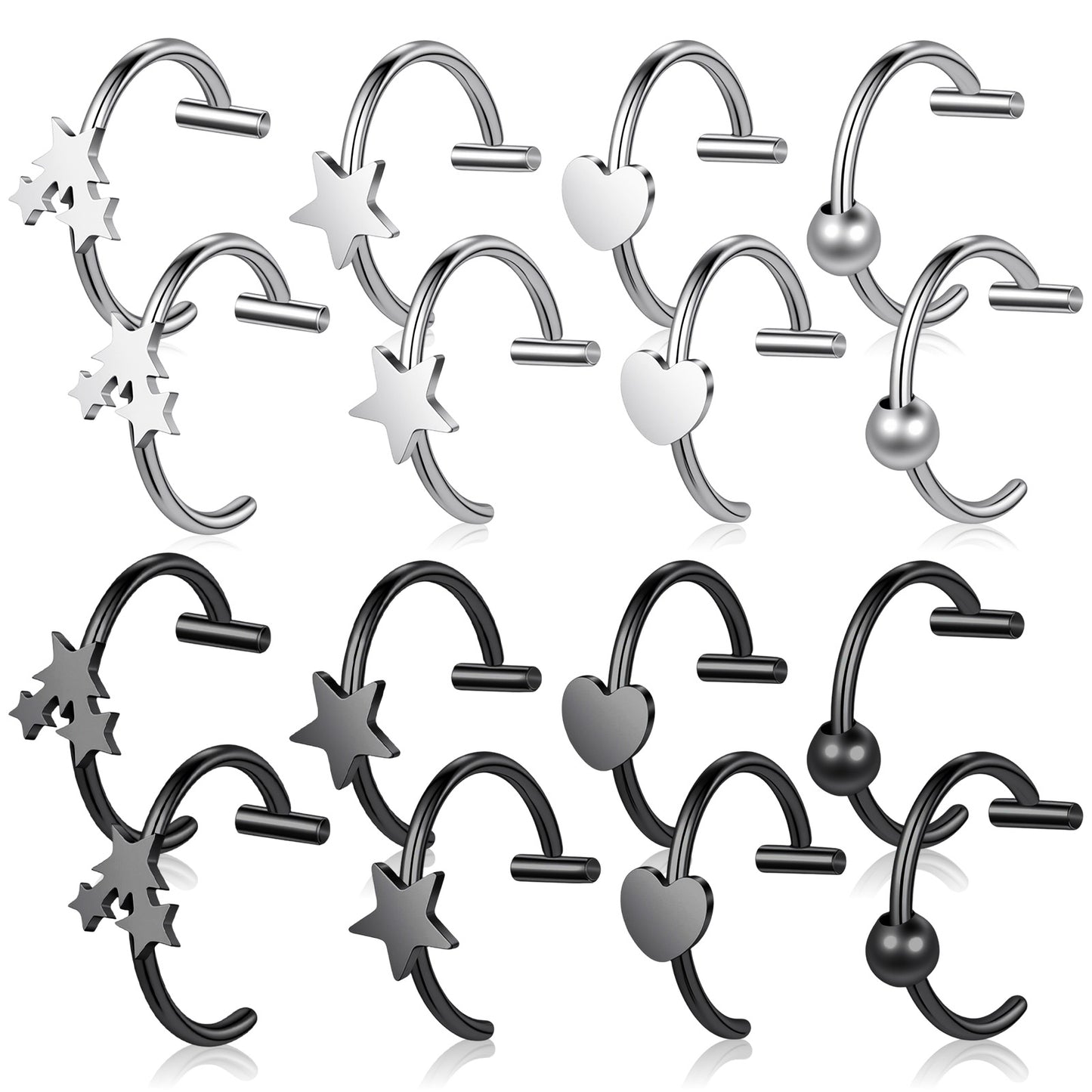DOPENSPI 16PCS Fake Lip Piercing, 4 Styles Fake Lip Ring Stainless Steel Clip on Star Heart Bead Ring Fakes Snake Bite Non-Piercing Nose Rings Hoop for Women Men Halloween