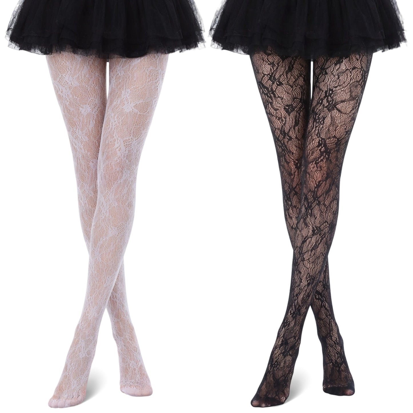 Cobee 2 Pcs Patterned Tights For Women, Lace & Floral Black White Fishnet Fashion Tight, Fishnet Stockings Fish Net Tights Adult Women (Black and white)