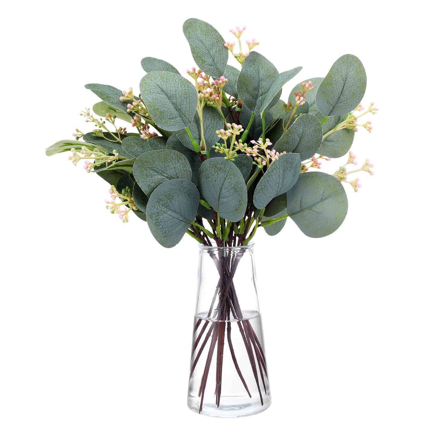 YUXMU 15 Pcs Artificial Silver Dollar Eucalyptus Leaves Picks Stems and Faux Branches with Pink Seeds, Artificial Greenery Stems Sprays Faux Oval for Flower Arrangements Wedding Bouquets