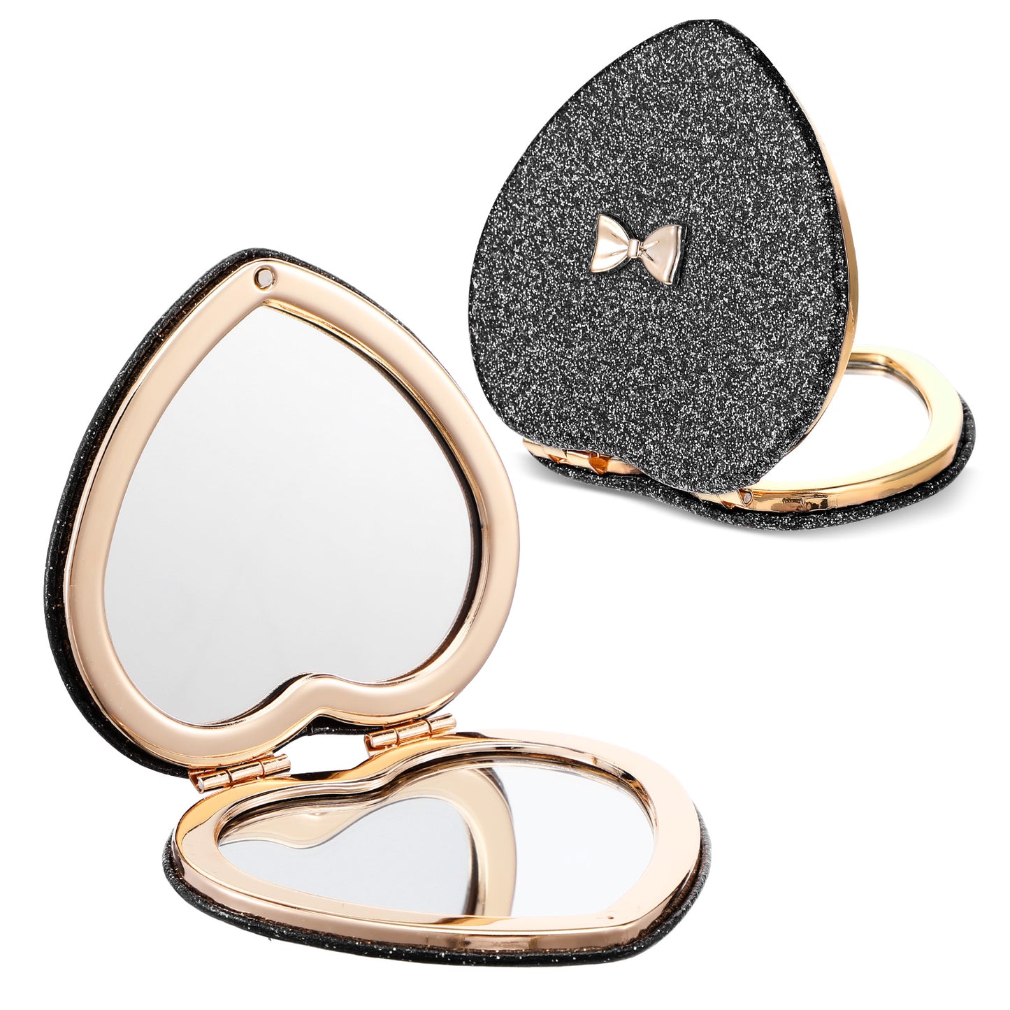 XLIUAX 2 Pcs Heart Shaped Compact Mirror, Glitter Cute Bow Magnifying Folding Purse Mirrors Portable Travel Makeup Mirror Small Pocket Cosmetic Mirrors for Women(Black)