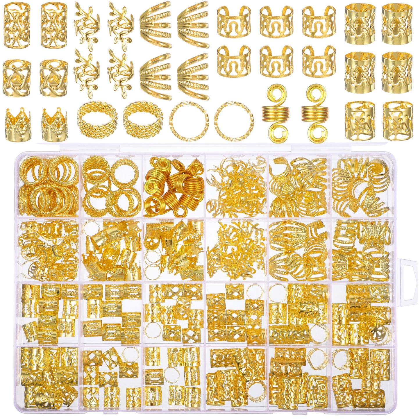 YUXMU 290 Pcs Gold Hair Jewelry for Braids, 11 Style Loc Jewelry for Hairs Dreadlock Hair Accessories for Adjustable Metal Braids Rings Cuffs Clips Hair Charms for Women Girls Boys Men(Gold)