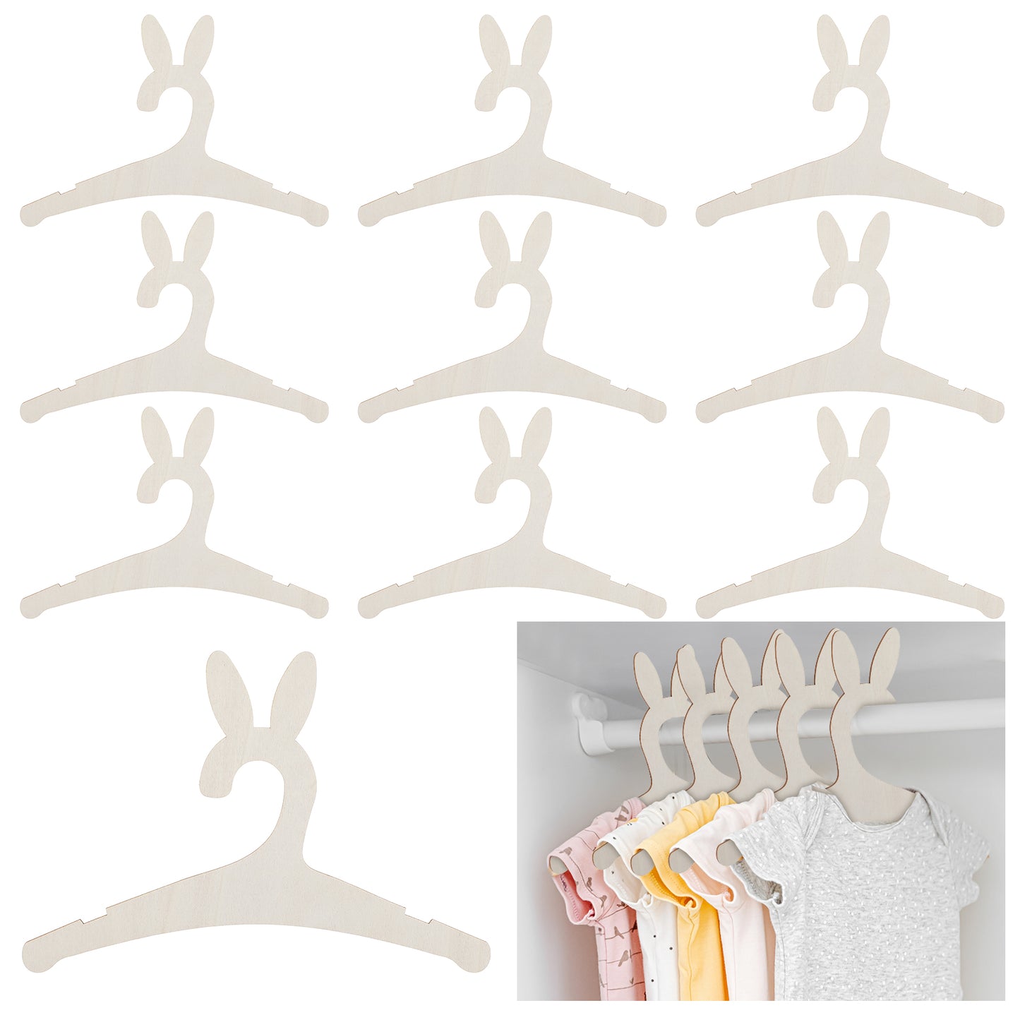 Yuanchu Kids Hangers For Clothes, 10 Pcs Wooden Hangers For Clothes Space Saving Baby Coat Hangers Cute Animal Kids Clothes Hangers For Newborn Jackets Dresses Blouses Coat Pants Non-Slip(Rabbit Ears)