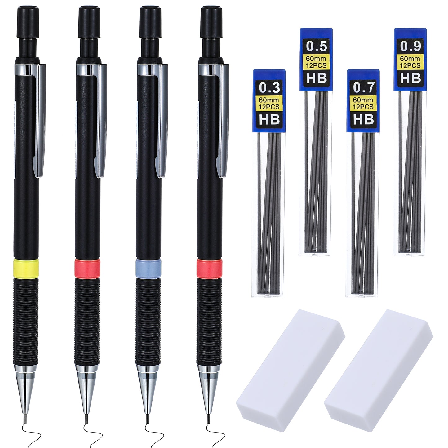 Yuanchu 4Pcs Mechanical Pencil Set with 52 HB Refills(0.3, 0.5, 0.7, 0.9 mm), Automatic Pencils Ket with 2 Eraser for Sketch Drafting Art Drawing