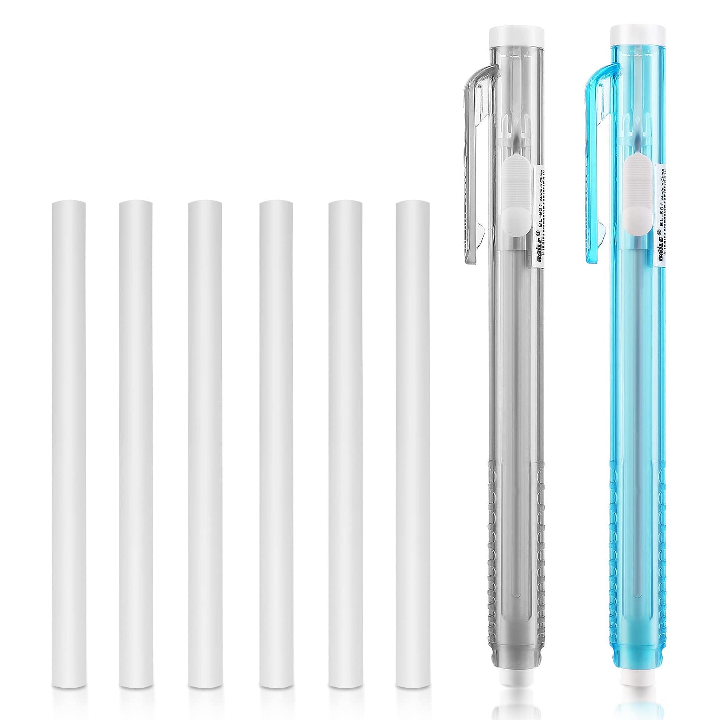 TIESOME Pen-Style Erasers, 2 Pcs Retractable Mechanical Eraser Pens with 6 Pcs Replacement Eraser Refills Eraser Mechanical Eraser, Click Stick Erasers for Drawing Sketching Drafting (Blue, Gray)
