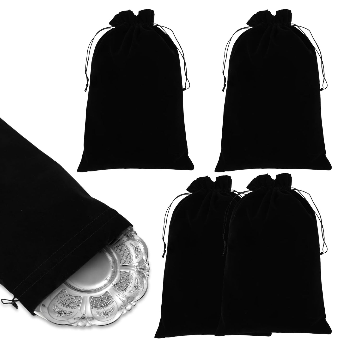 cobee Silver Storage Bags, 4pcs Anti Tarnish Cloth Pouches Large Siliver Protecter Bags Protection Resistant Cloth Storage Plush Bag for Jewelry, Silverware, Flatware Cleaning, 11.8" x 7.8"(Black)