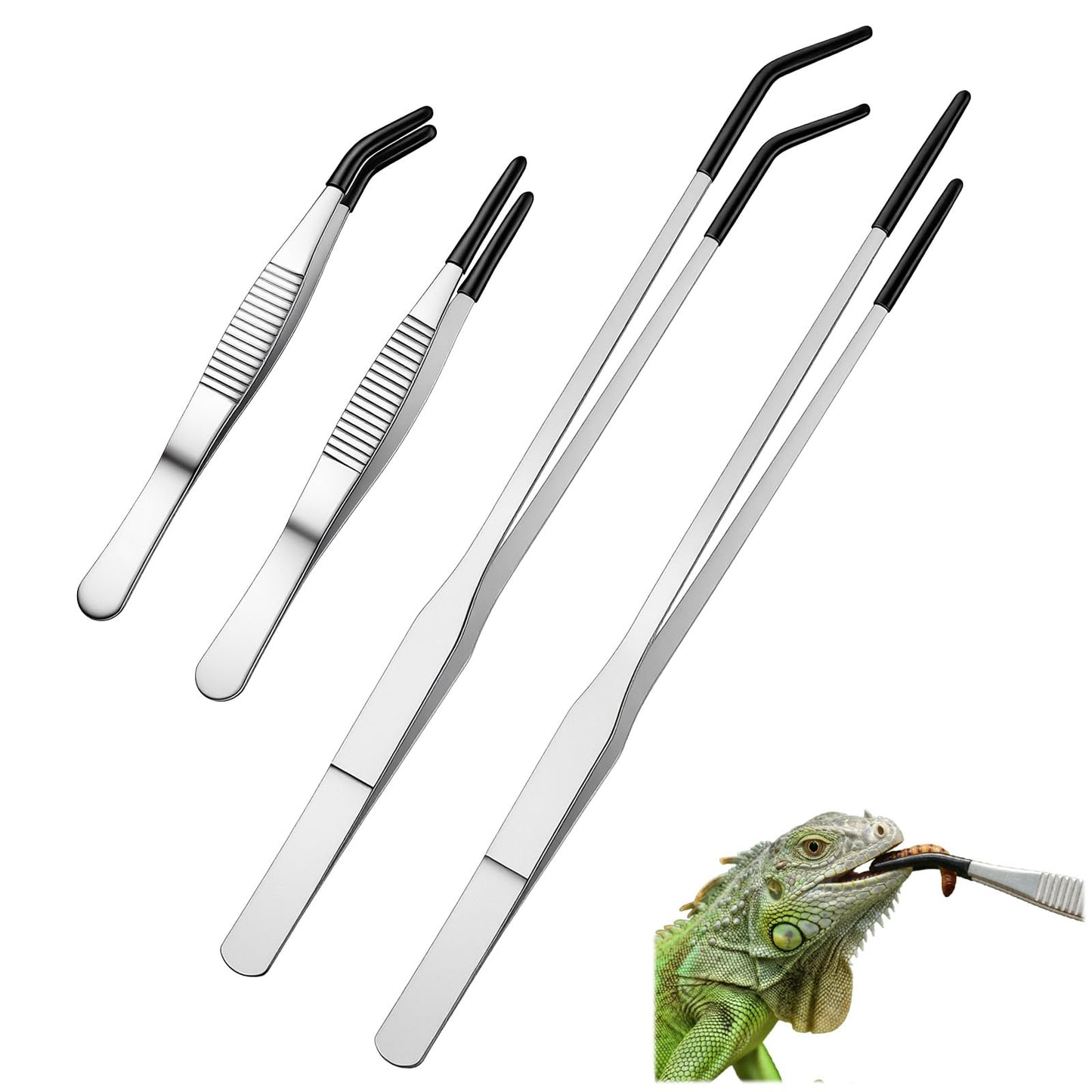 WJIAAA Stainless Steel Reptile Long Tweezers,4PCS Feeding Tongs, 10.6 Straight and Curved Terrarium Supplies for Aquarium Terrarium Crafts Reptile Tank Accessories