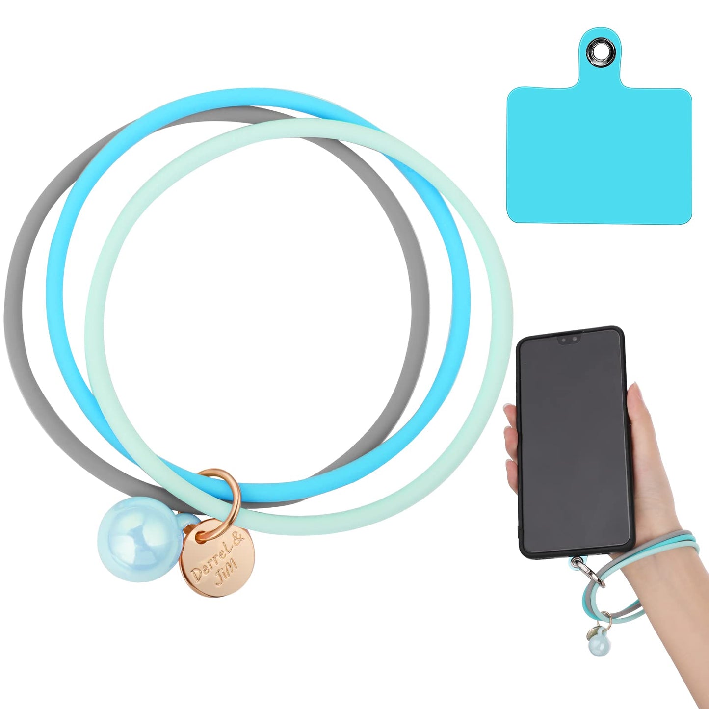 cobee 3-in-1 Silicone Phone Wrist Lanyard with Patch and Metal Ring, Universal Phone Wrist Strap Fashion Cell Phone Wrist Loop Charm for Women Compatible with Most Smartphones(Blue+Sky-Blue+Gray)