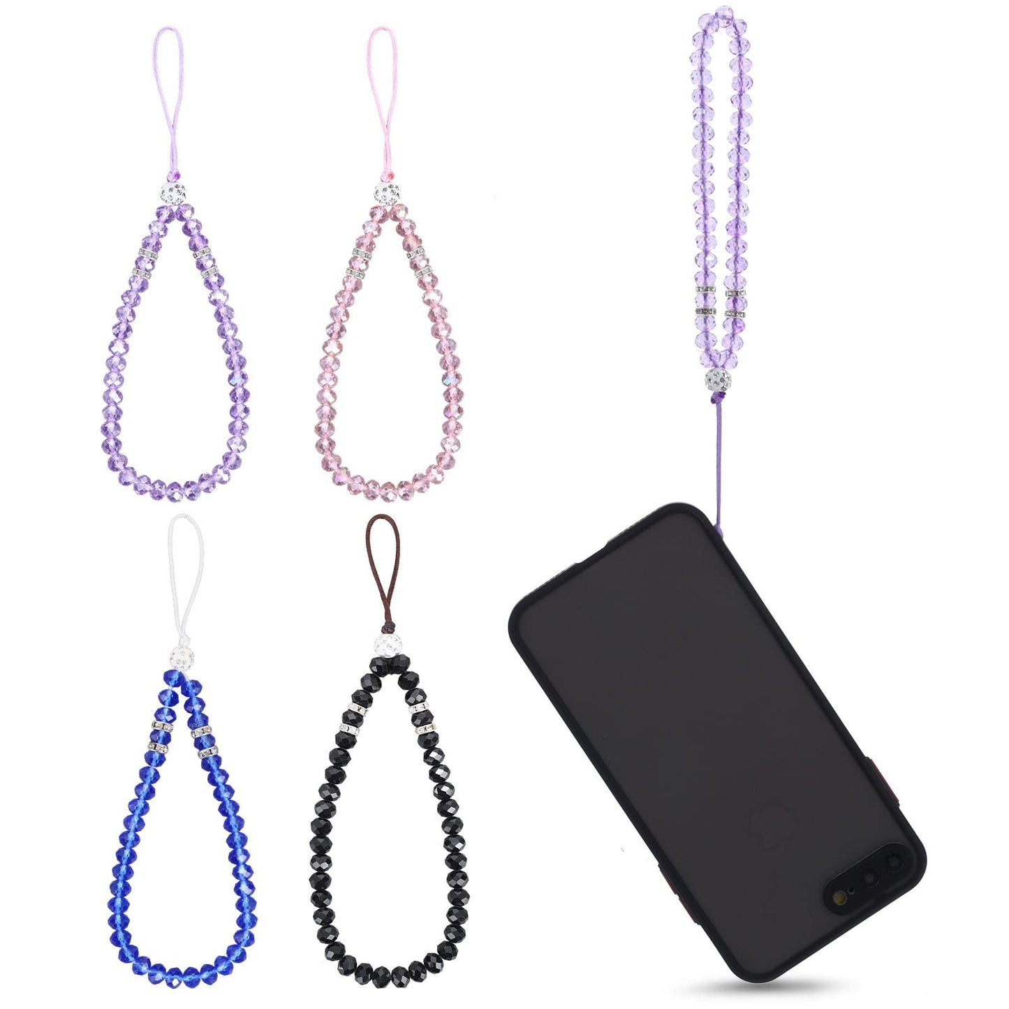Molain Cell Phone Crystal Lanyard, 4 Pieces Crystal Cell Phone Straps Bling Crystal Beads Phone Charm Strap Phone Lanyard Chain for Girl Women