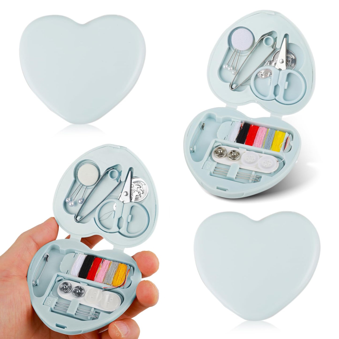 Cobee Sewing Kit, 2pcs Mini Sewing Kit for Travel Essentials Portable DIY Emergency Sewing Repair Supplies Heart Shaped Sewing Storage Case with Needles Buttons Wire Pins Thread Scissors(Light Blue)
