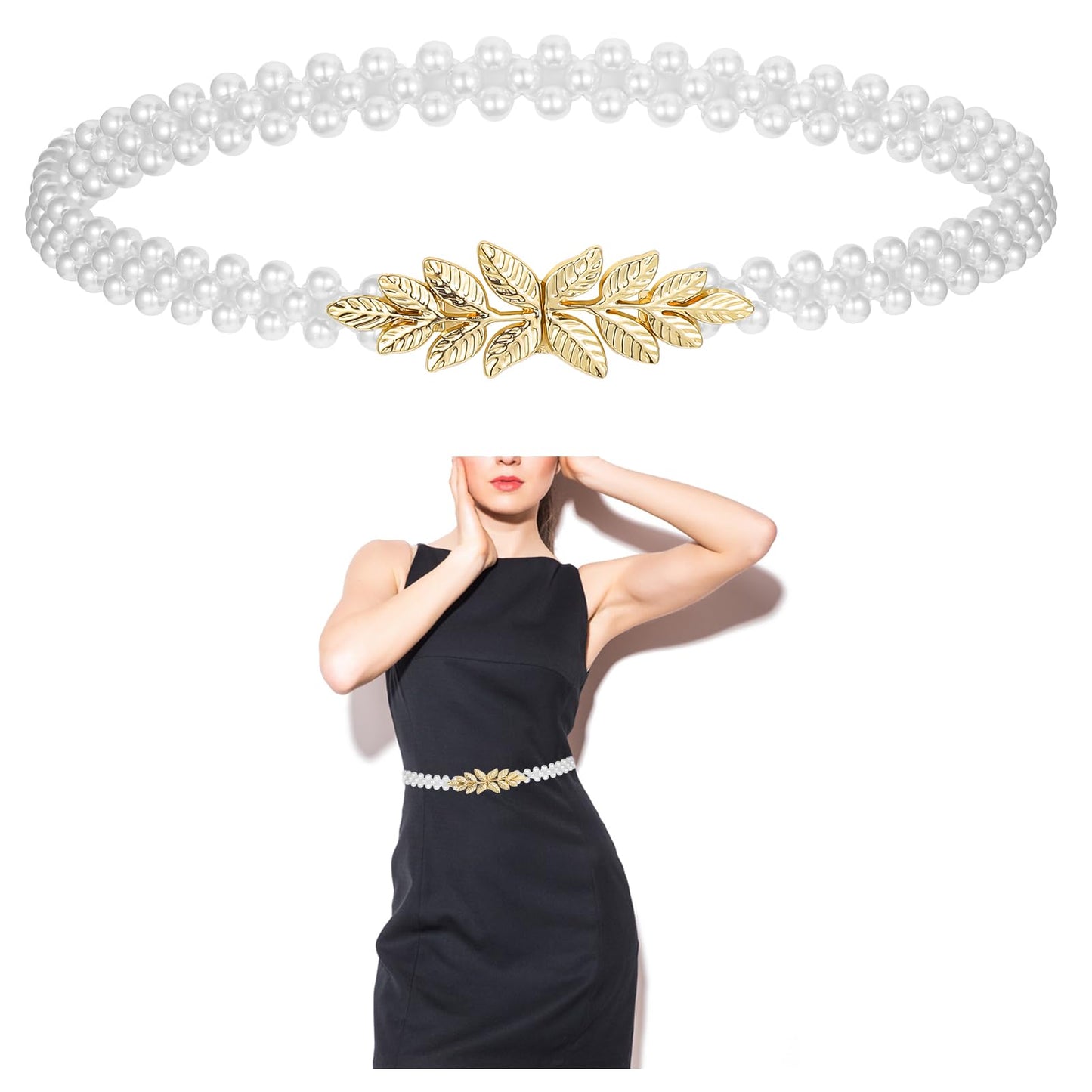 AOZUO Pearl Elastic Chain Belt, Pearl Stretchy Waist Belt Gold Leaf Waistband for Women Girl Dress Skirt Jeans, White, 70cm/27in