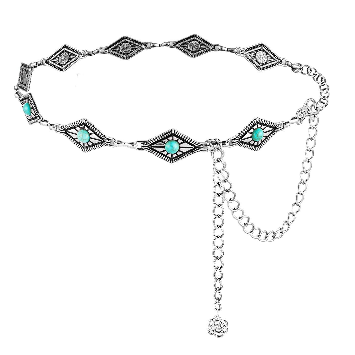 Amabro Women Metal Waist Belt, Western Cowgirl Turquoise Waistband Adjustable Boho Country Chain for Dress Jeans(Silver-1)