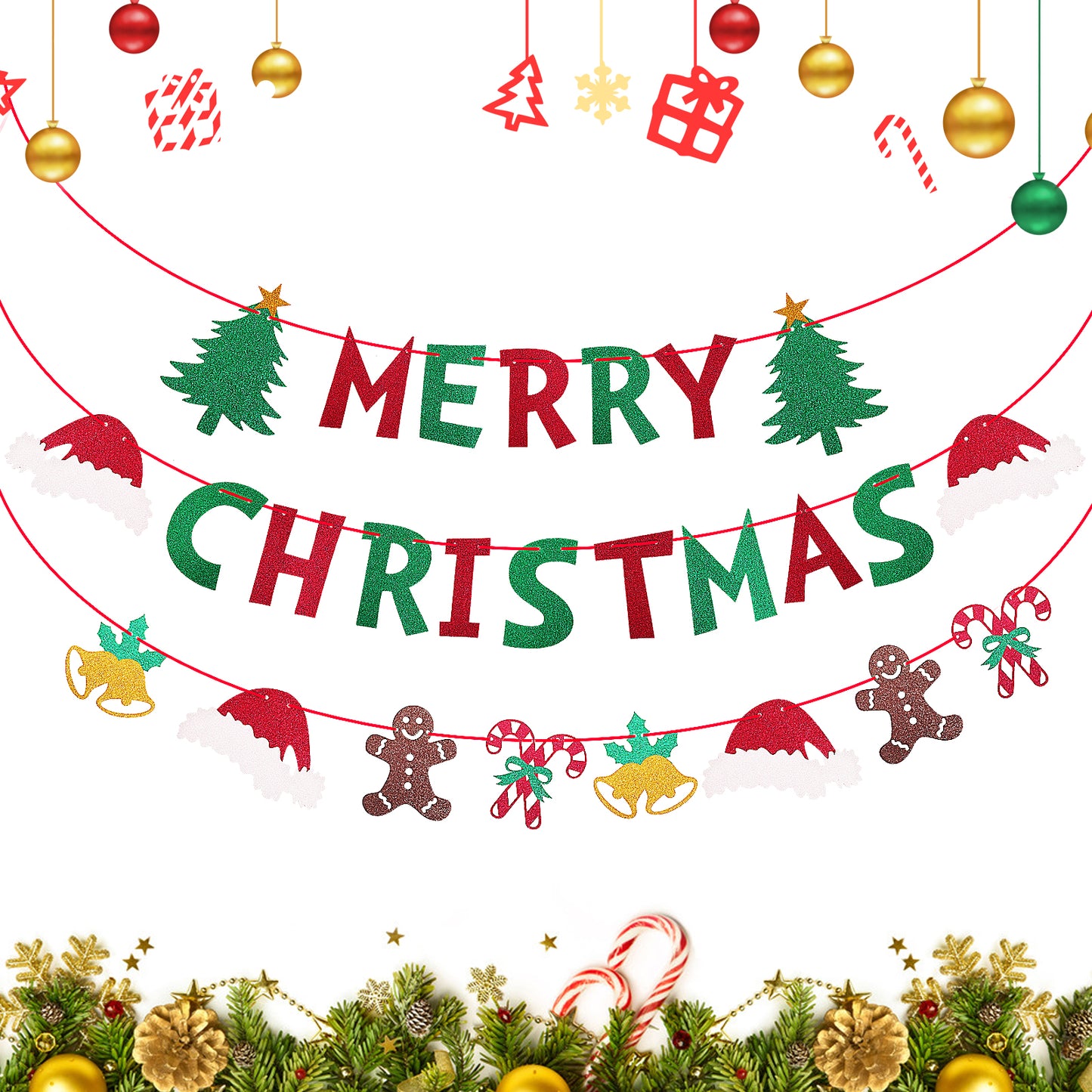 GEEHUA Merry Christmas Banner, Glitter Red Green Xmas Sign Banner Decorations Bunting Garland Holiday Mantle Fireplace Hanging Ornaments for Christmas Party Supplies Home Decor