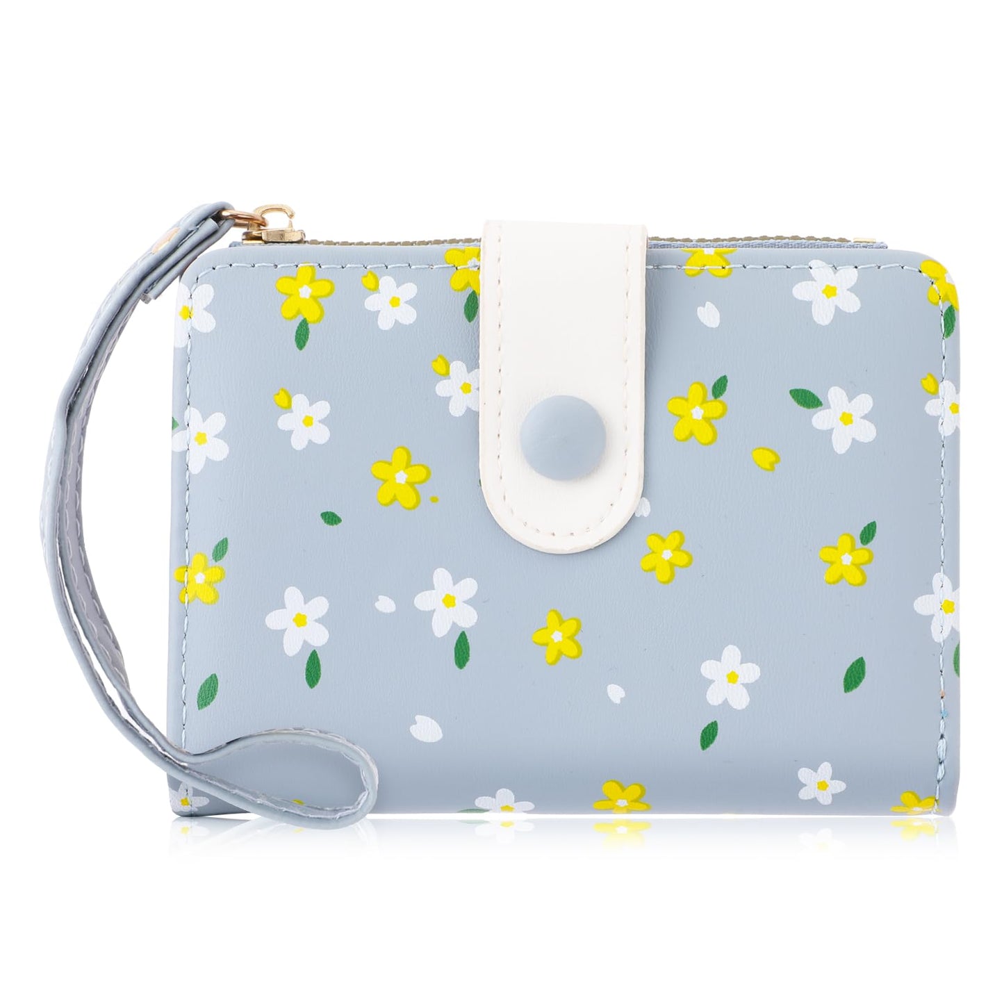 Amaxiu Women Cute Flowers Print Small Bifold Wallet, PU Leather Card Holder Cash Bag Credit Card Organizer Purse with ID Window for Women, Girls, Ladies(Blue)