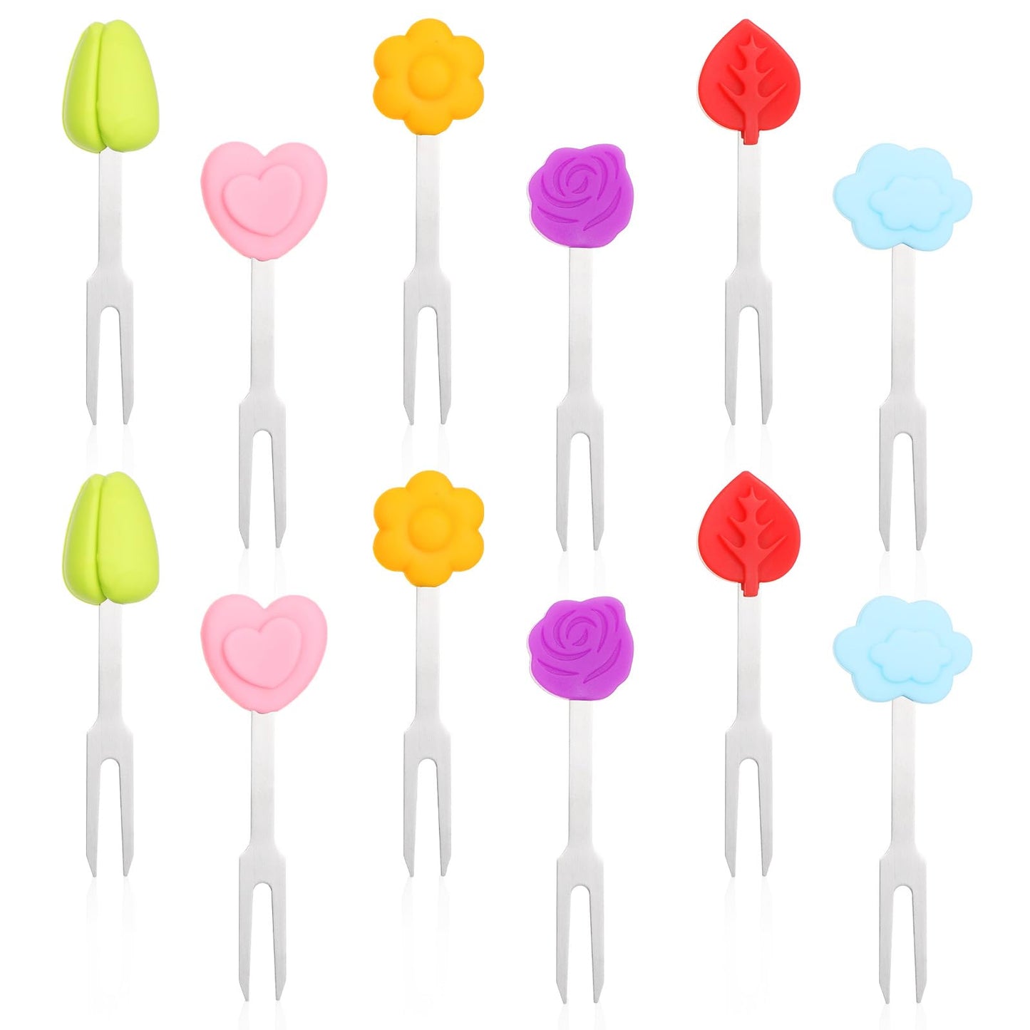 Yuanchu Pack of 12 Children's Stainless Steel Fruit Forks, Mini Fruit Forks Set, Reusable Fruit Forks with Silicone Handle, Cute Dessert Forks, Cake Forks, Pastry Forks for Home, Kitchen, Cafe