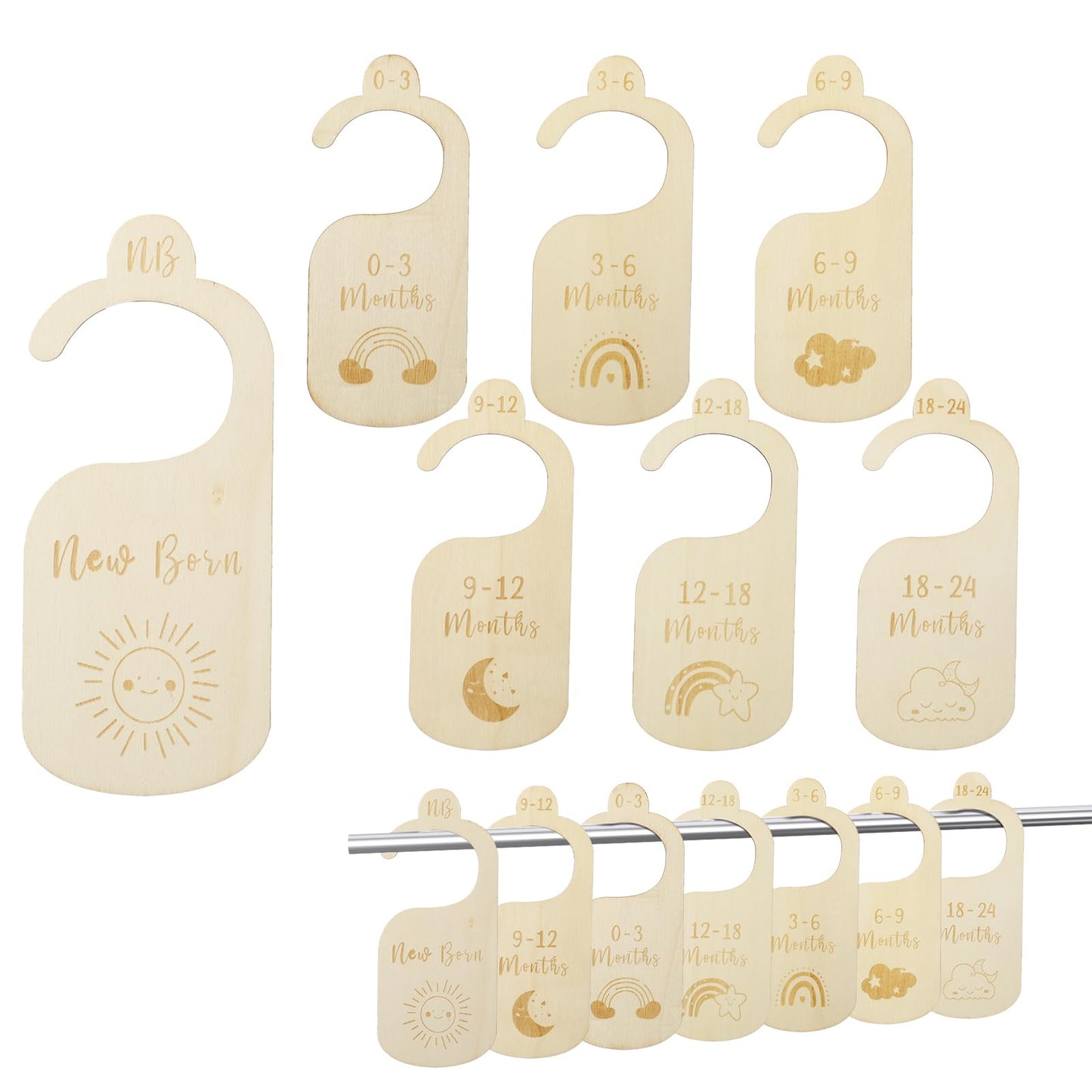 simarro 7Pcs Baby Closet Dividers, Wooden Double-Sided Baby Wardrobe Partition Baby Clothes Organizer Hanger Cute Nursery Decor Hanger Dividers Easily Organize Baby Girls or Boys Room(Beige-1)