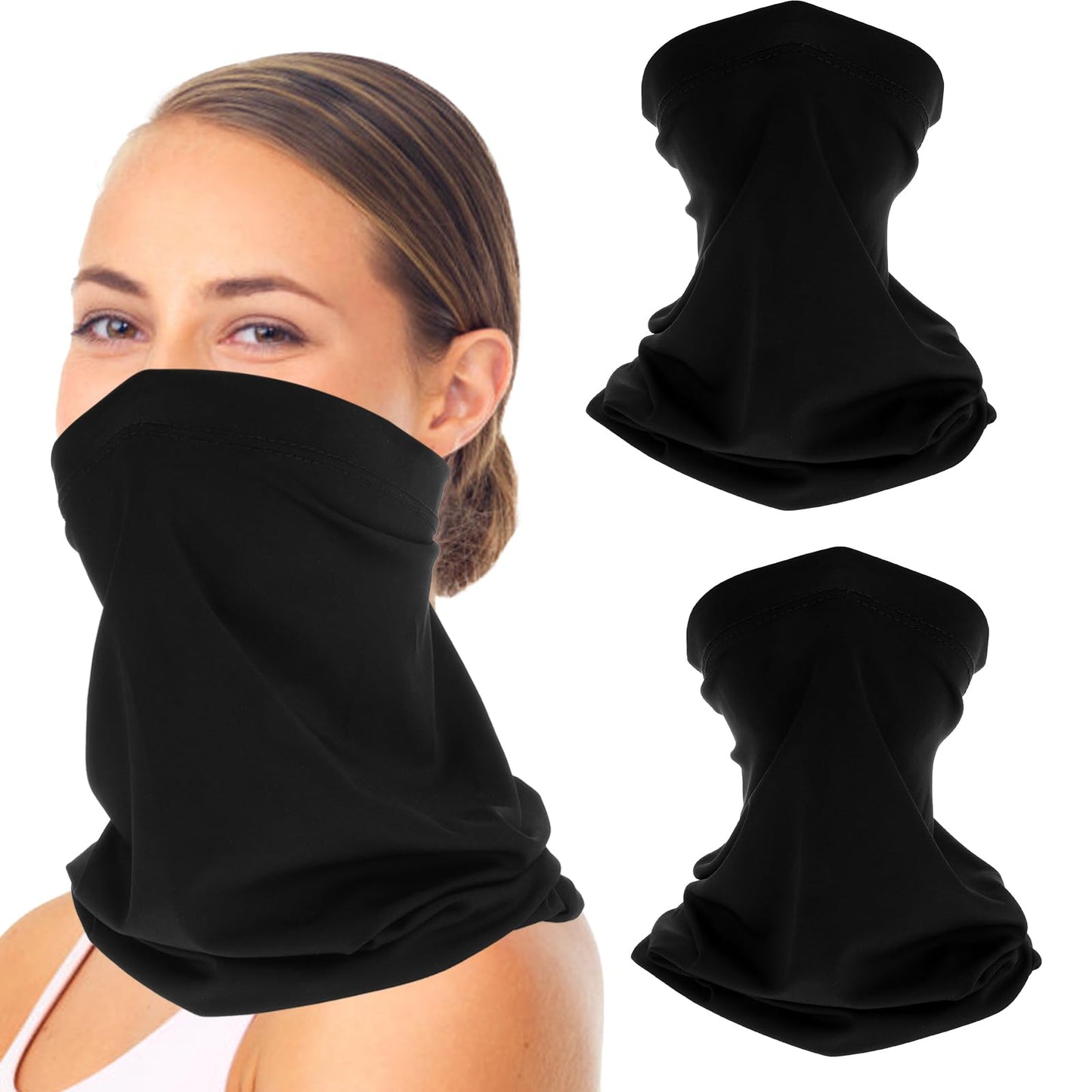 Yuanchu Neck Gaiter Face Mask, 2Pcs Cooling Neck Gaiter Face Cover Scarf UV Protection Breathable Sun Wind Proof for Men Women Skiing Fishing Hiking Cycling, Black, One size