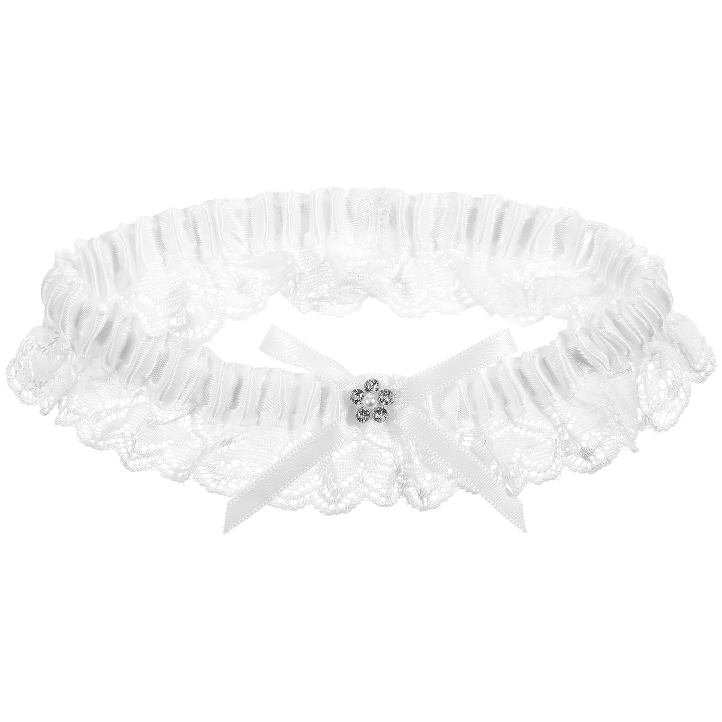 Yuanchu Bride Wedding White Lace Garter, Satin Bridal Bowknot Garters with Rhinestone Bridal Accessories for Women, White, Large