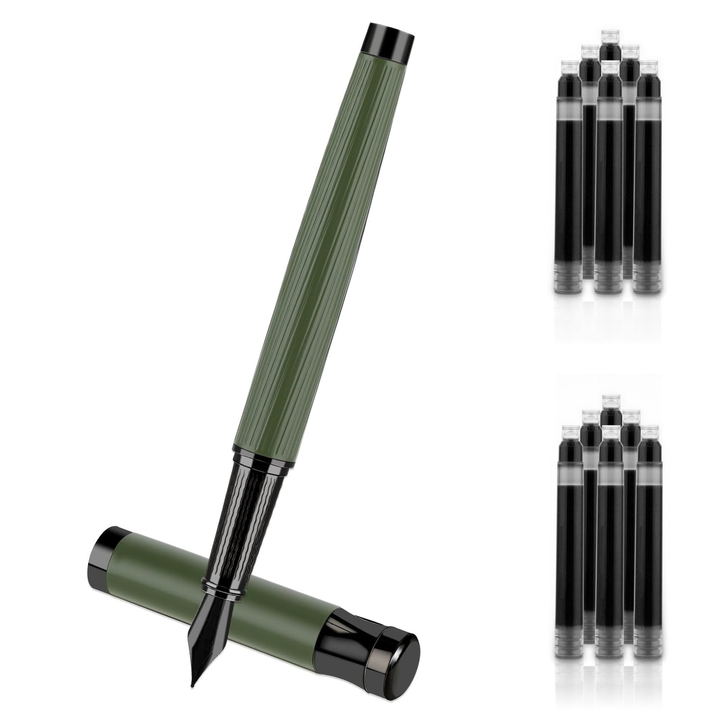 Amaxiu Luxury Fountain Pen Set, 0.5mm Fine Nib Metal Fountain Pen with Converter and 10 3.4mm Black Ink Cartridges Smooth Writing Fountain Pen Business Nice Pen for Office Men Women(Green)