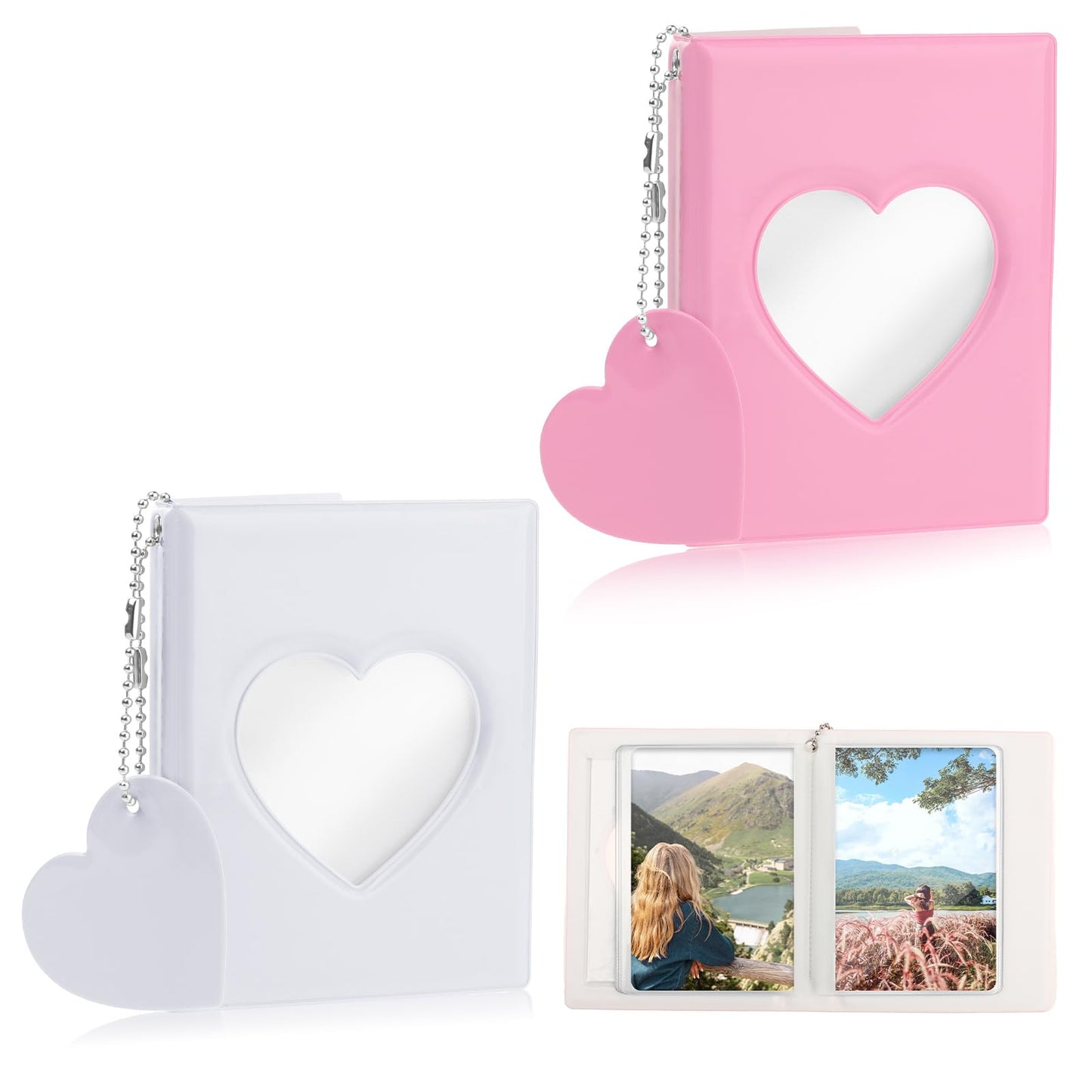 Giantree 2 Pack 3 Inch Mini Photo Album, Cute Heart Hollow Binder Album Kpop Photo Card Holder Name Card Book Photo Album for Fujifilm Instant Camera Photo Album 32 Pockets(White + Pink)