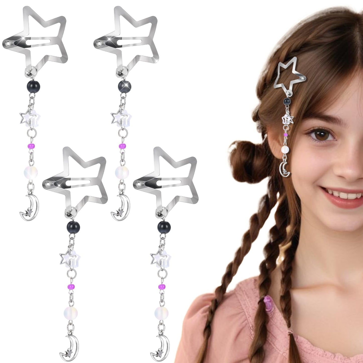 Yuanchu Pack of 4 Y2K Hair Clips with Stars, Silver Hair Clips with Moon Tassels, Fashionable Metal Hair Clips, Non-Slip Snap Star Hair Accessories for Children, Women, Girls