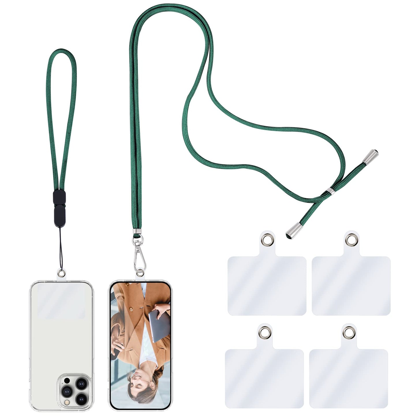 TIESOME Universal Cell Phone Lanyard, Crossbody Lanyard with Adjustable Nylon Neck Strap, 1 Phone Neck Lanyard+1 Wrist Phone Strap+4 Connectors Compatible with Most Phones (Green)