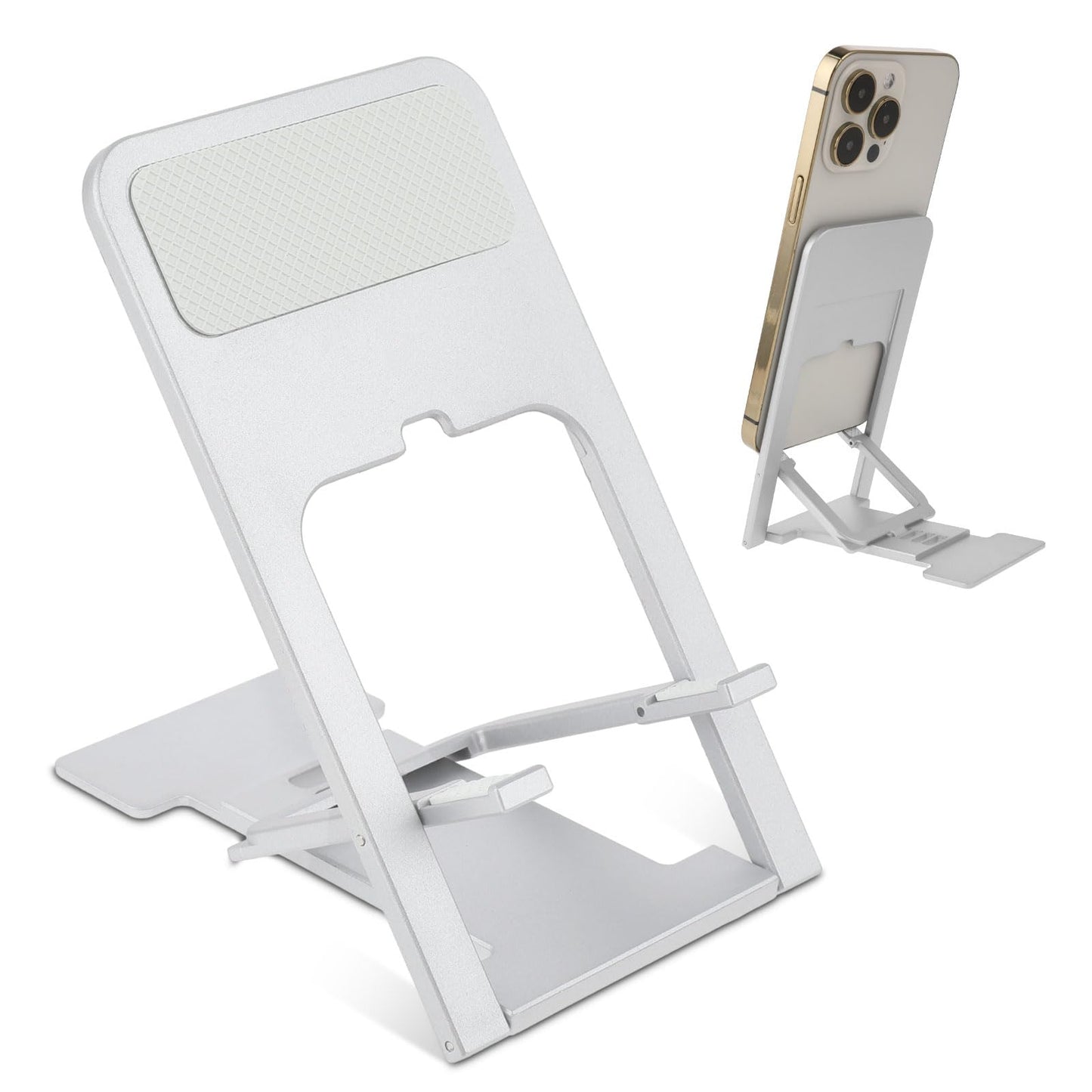 TIESOME Phone Stand for Desk, Foldable Cell Phone Holder, Travel Phone Dock Designed 4 Angle Adjustable Phone Bracket Thin Phone Holder Compatible for All Phones(Silver)