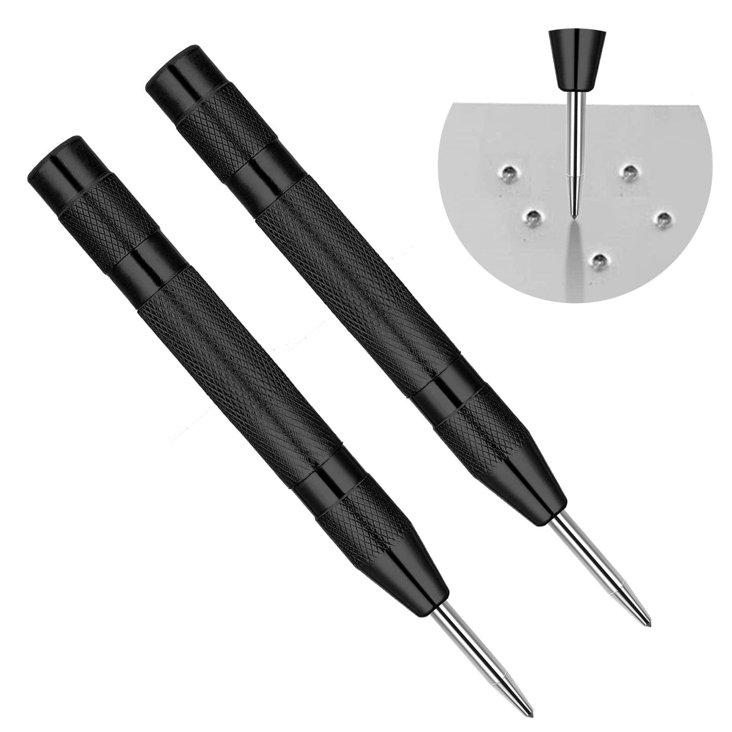 Molain Automatic Center Punch, 2 Pack 5 in Spring Loaded Tension Center Punch Automatic Center Hole Punch with Adjustable One-Handed Spring Impact Premium Steel Tip Machinist Carpenters Tools, Black