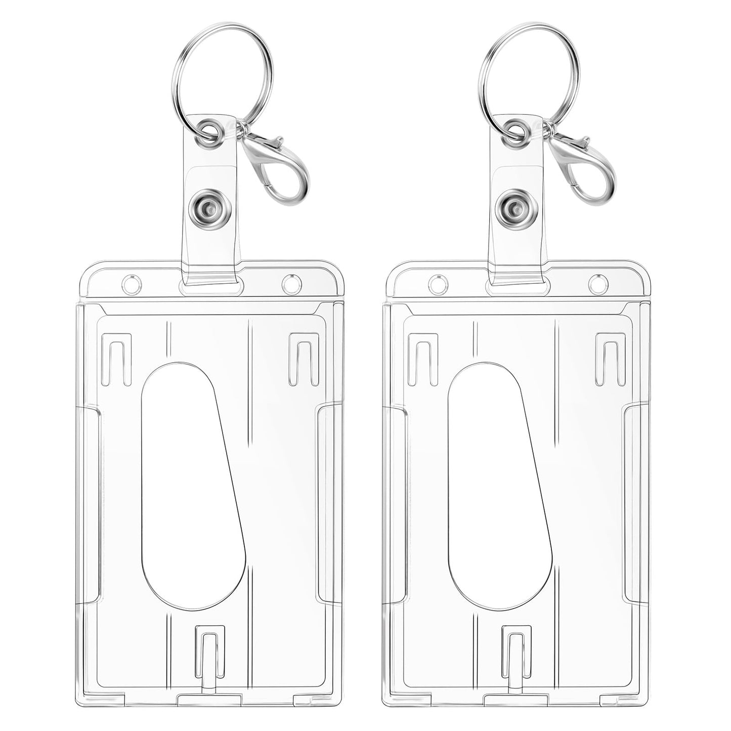 TIESOME Hard ID Badge Card Holder Set, 2 Pcs Heavy Duty ID Card Holder with Keyring and Clip Thumb Slot Clear Card Protector Hard Plastic Card Case for Keychain Office School(Vertical)
