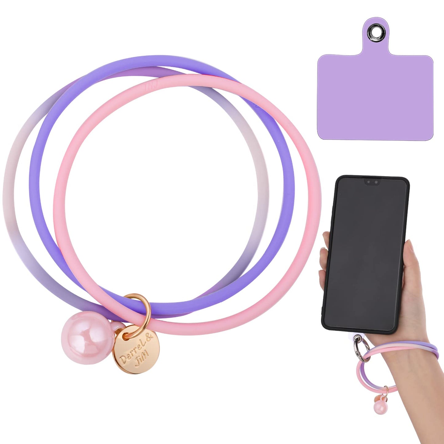 cobee 3-in-1 Silicone Phone Wrist Lanyard with Patch and Metal Ring, Universal Phone Wrist Strap Fashion Cell Phone Wrist Loop Charm for Women Compatible with Most Smartphones(Purple Mix Pink)
