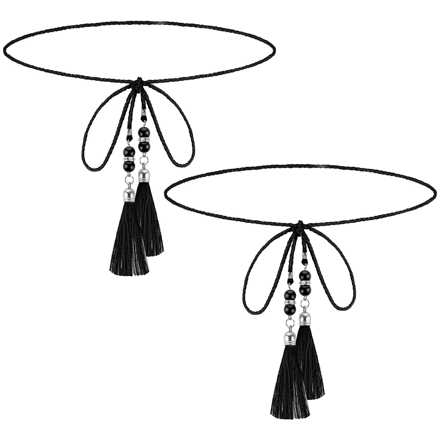 TIESOME 2PCS Thin Tassel Braided Rope Belts, Skinny Woven Tassel Belt, Boho Thin Waist Belt Sash Belt for Skirt Dress(Black)