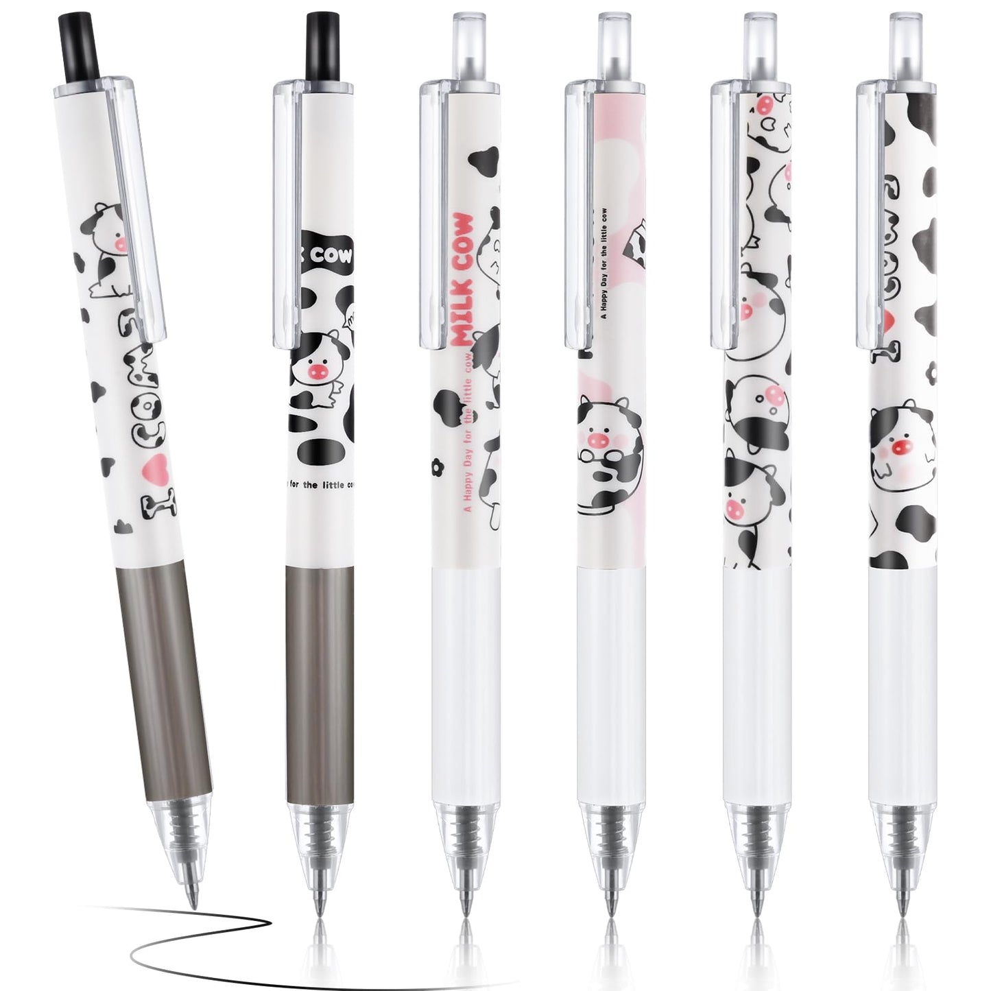 6 Pcs Cute Pens Kawaii 0.5mm Black Ink Gel Pens Fine Point Smooth Writing Retractable Ballpoint Pen Gel Ink Pens with Cow Print for Office School Supplies Gifts