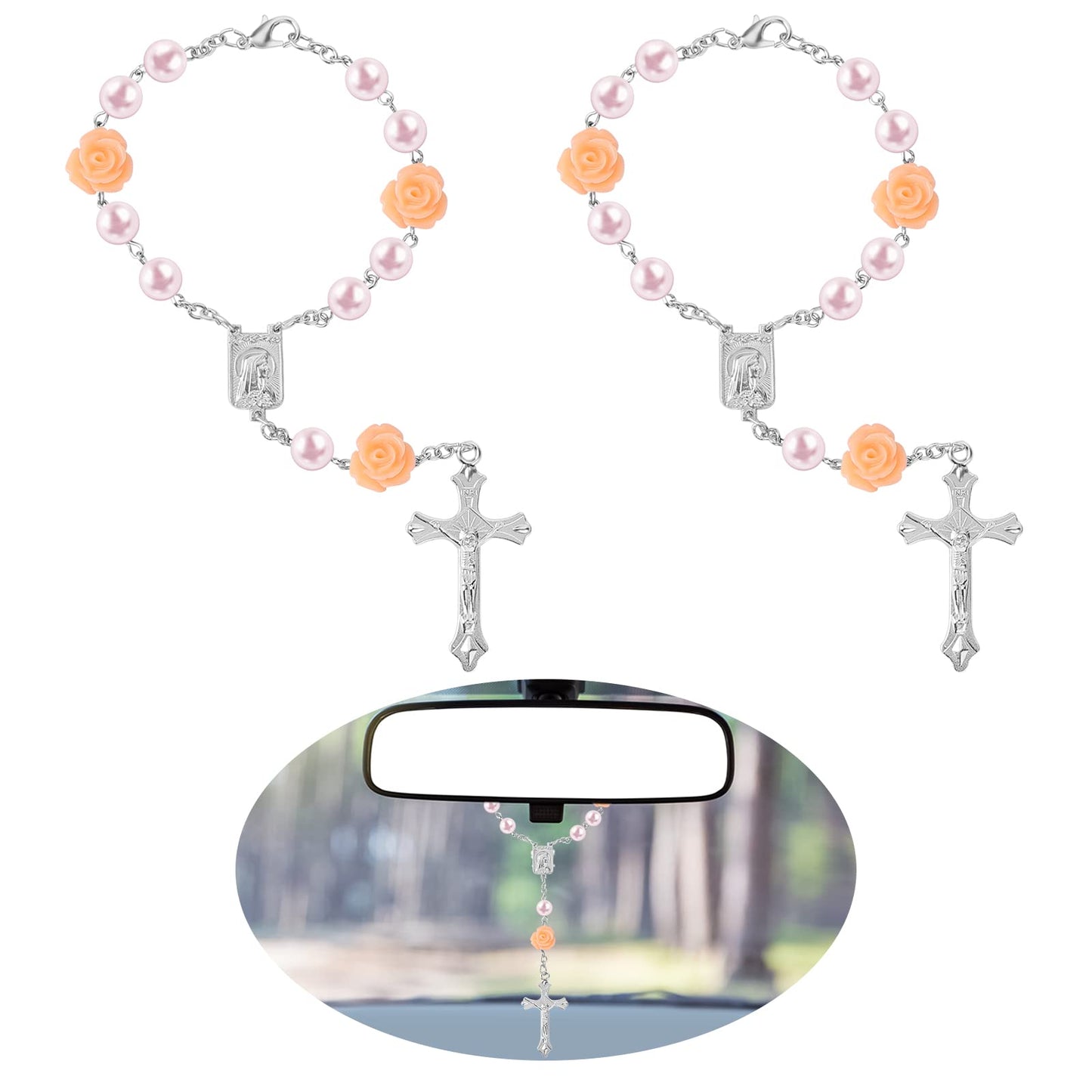 TIESOME Car Mirror Hanging Cross Accessories, Elegant Car Rosary Auto Mirror Hanging Cross Pendant Rear View Mirror Rosary Cross Car Interior Accessories Hanging Ornament Gift for Women Men(Pink)