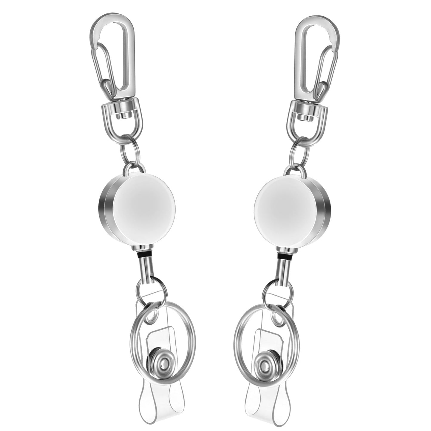 TIESOME 2 Pack Metal Retractable Badge Holder, ID Badge Holder with Reel Clip and Carabiner Key Chain Durable Keychain with Tenacity Retractable Cord for Teachers Students Office Workers(Silver)