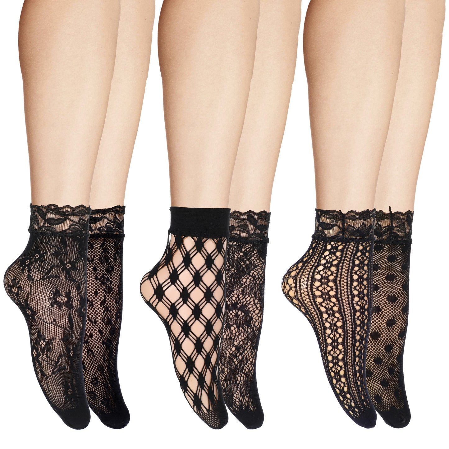 Molain 6 Pairs Lace Ankle Socks for Women, Black Sheer Mesh Fishnet Thin Socks Lace Fishnet Sock Casual Everyday Wear