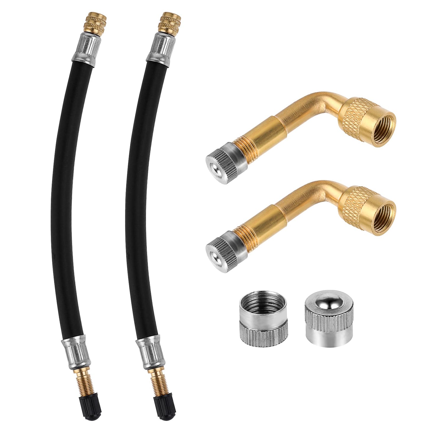 cobee Tire Valve Extension Kit, 2pcs 210mm Valve Extension Pump Hose Adapter with Plastic Valve Caps + 2pcs 90 Degree Flexible Rubber Valve Extension Stems with Metal Valve Caps, Universal Fitment