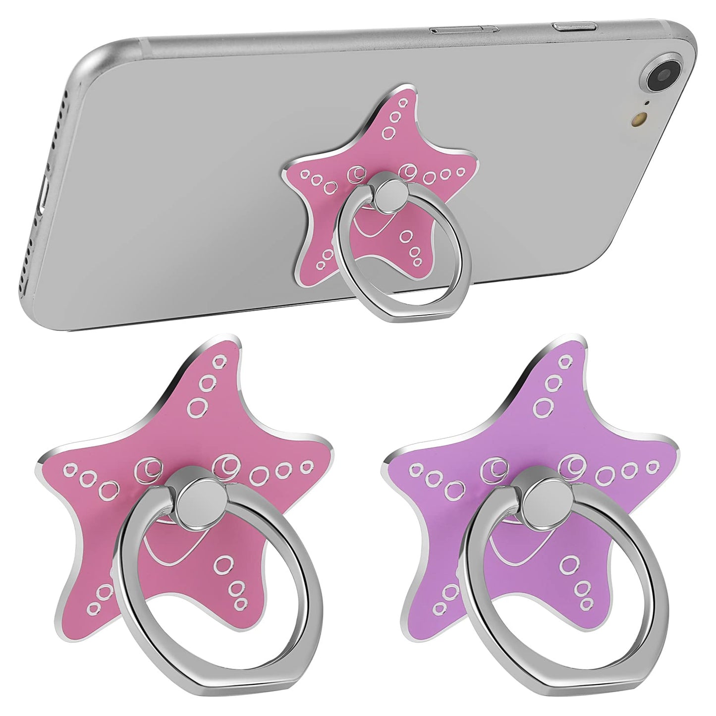 TIESOME 2Pcs Cell Phone Ring Stand Holder, Cute Animal Pattern Painted Metal Finger Stand Kickstand 360°Rotation Phone Ring Holder Stand Ring Hand Grip with Knob Loop (Starfish-Purple Pink)