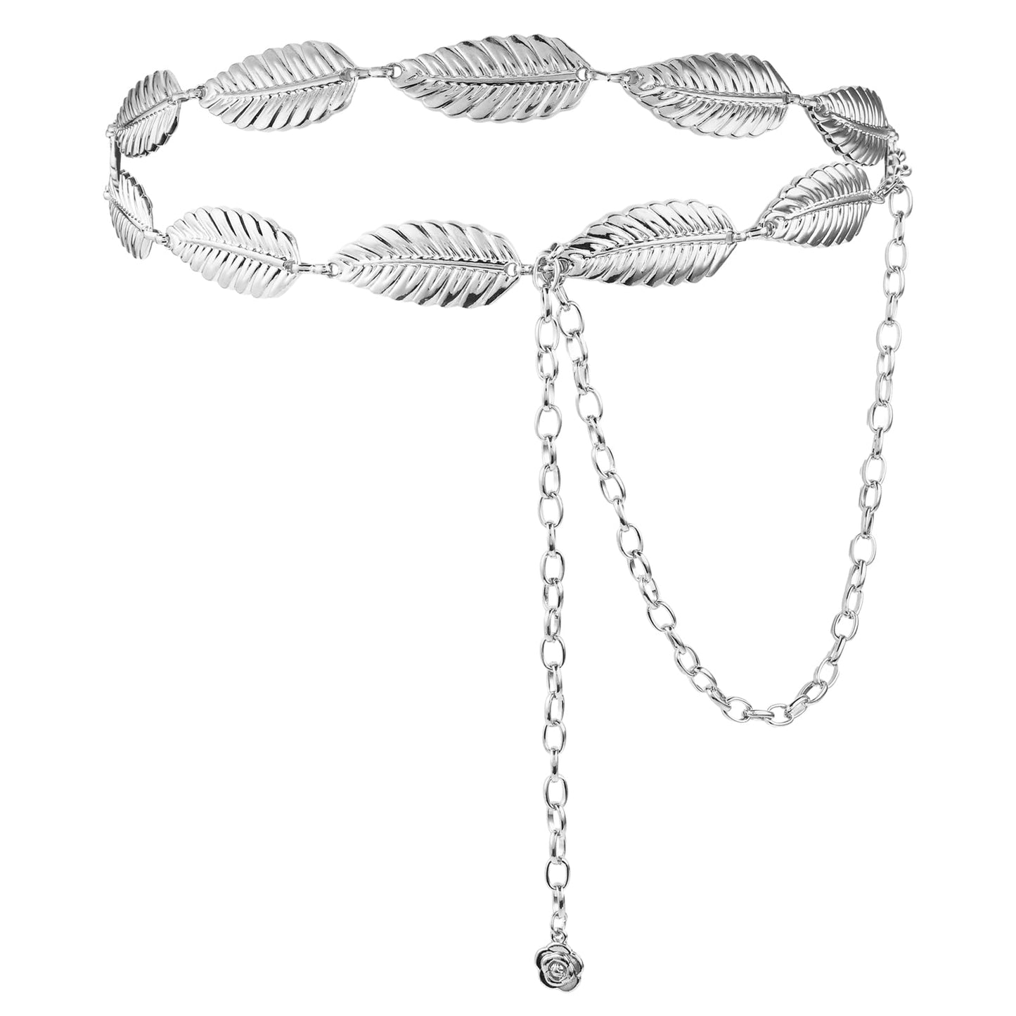 TIESOME Womens Metal Leaf Chain Belt, Adjustable Bridal Wedding Leaves Waistband Skinny Waist Belt for Dresses Decorated (Silver)