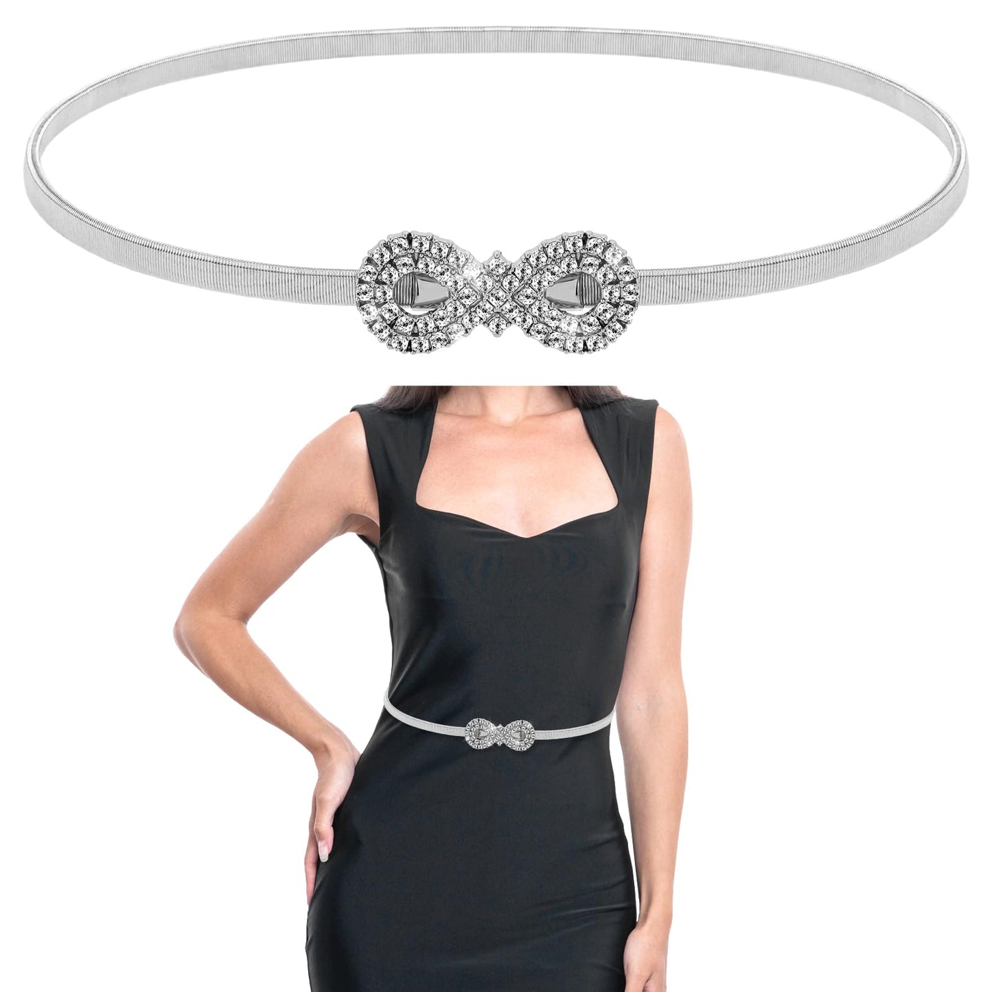 Amabro Silver Belts for Women, Rhinestone Chain Belt Elastic Skinny Belts Waist Belt Fashion Crystal Rope Belt Stretch Belts for Dresses(Silver)