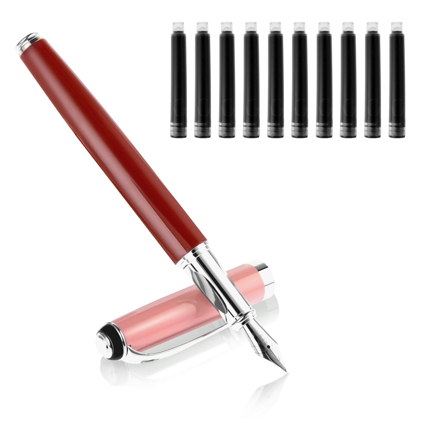 cobee Metal Fountain Pens with 10 Black Ink Cartridges, 0.5mm Fine Nib Fountain Pen Smooth Writing Luxury Calligraphy Pen Office School Supplies Gift (Red)