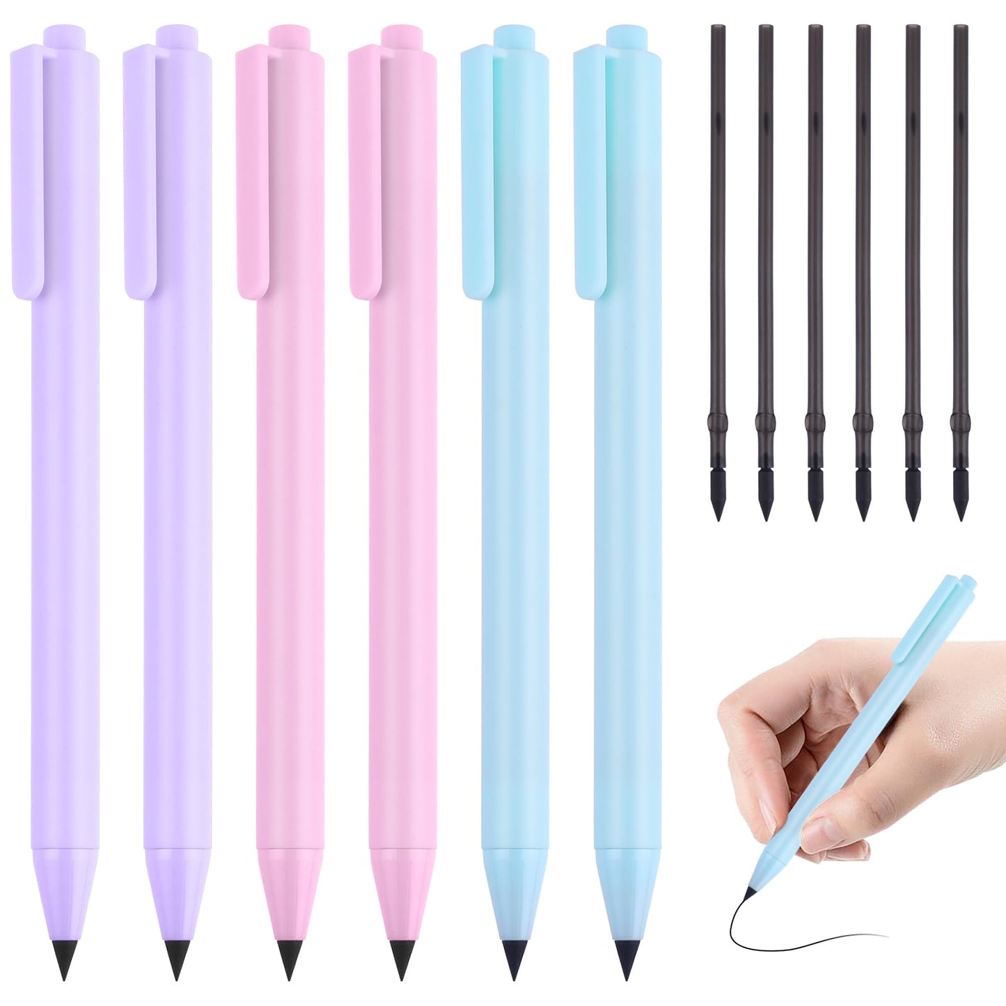 Bewudy 6pcs Inkless Pencils Eternal, Everlasting Pencil with 6 Replaceable Refill, Infinite Pencil Inkless Pen, Unlimited Writing Eternal Pencil No Ink For School Office Professional Use