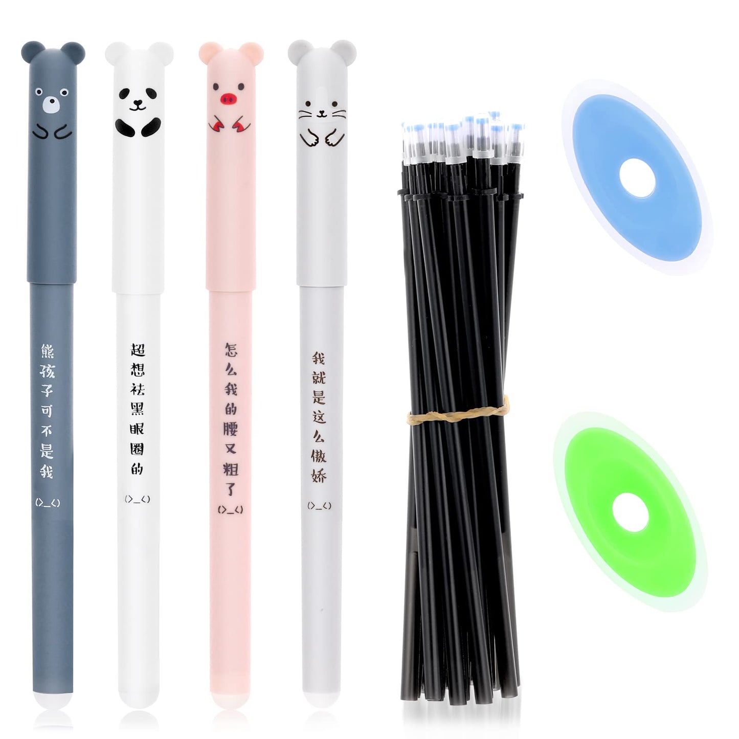 cobee Erasable Gel Pens, 4 Pieces 0.5mm Erasable Gel Ink Pens with 20 Pieces Refills and 2 Eraser Cute Cartoon Animal Rollerball Pens for Drawing Writing School Office Gift Supplies (Black ink)