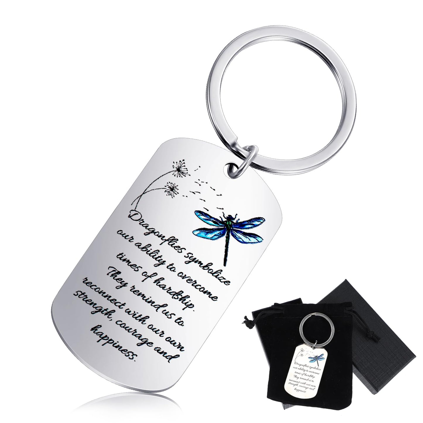 Yuanchu Inspirational Gifts Dragonfly Keychain, 1 with Gift Box, Flannel Bag, Stainless Steel Silver Decoration, Gift for Sister, Friend, Dragonfly, Guardian Angel for Car,, silver, 8cm / 3,1in