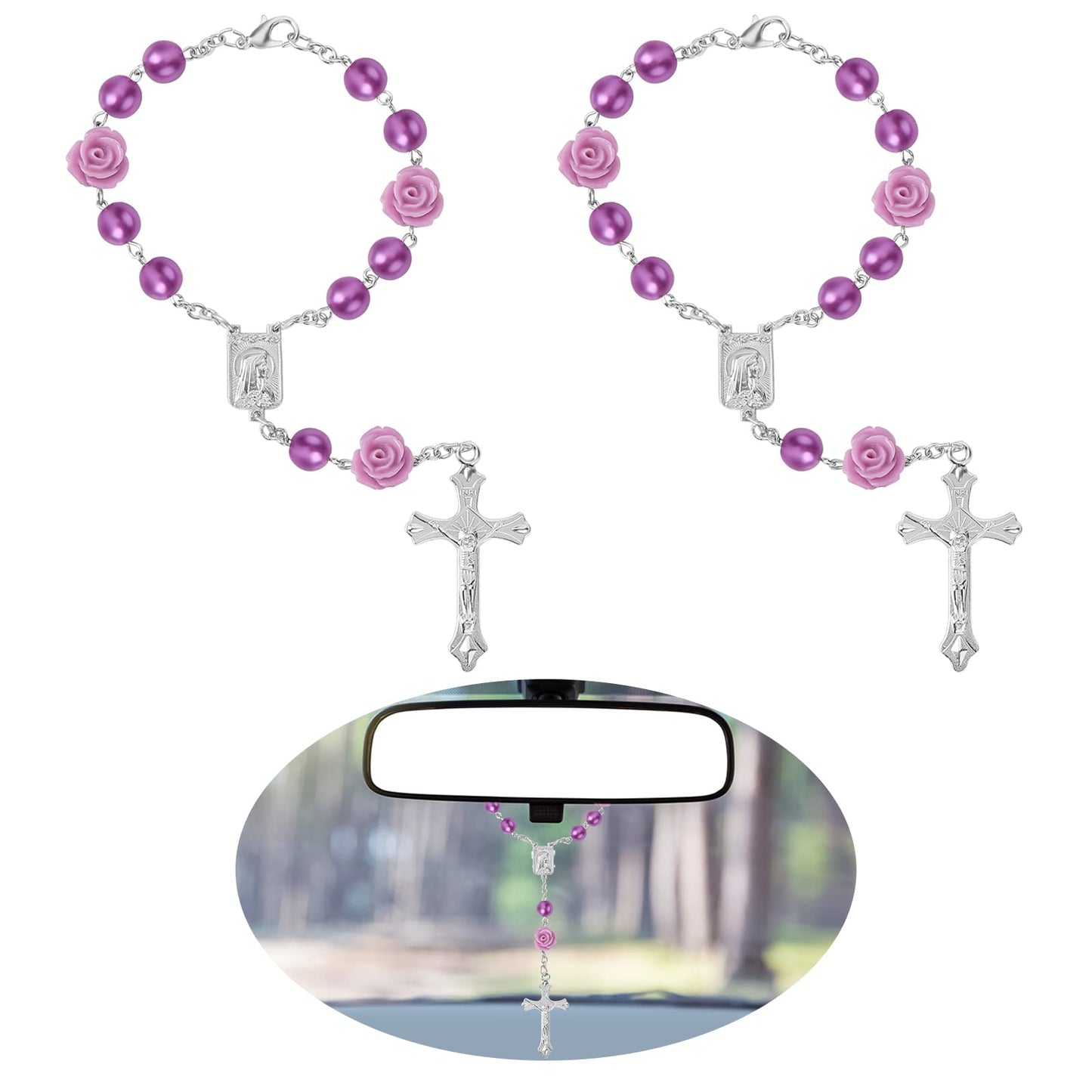TIESOME Car Mirror Hanging Cross Accessories, Elegant Car Rosary Auto Mirror Hanging Cross Pendant Rear View Mirror Rosary Cross Car Interior Accessories Hanging Ornament Gift for Women Men(Purple)